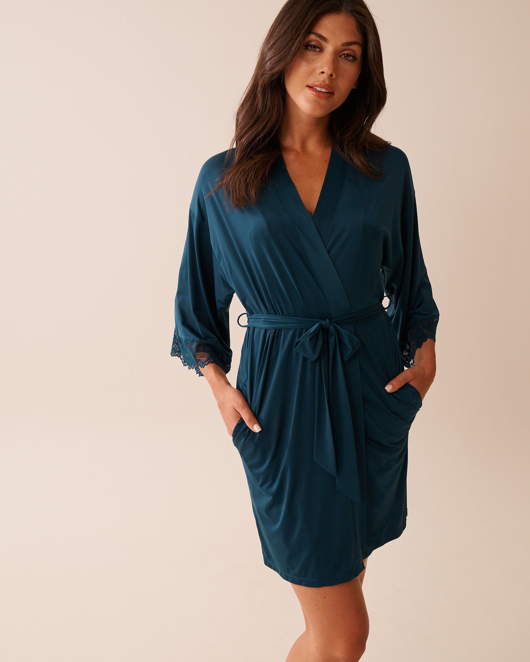 LA VIE EN ROSE Lace Trim Kimono Dark Cyan 60600103 - View1