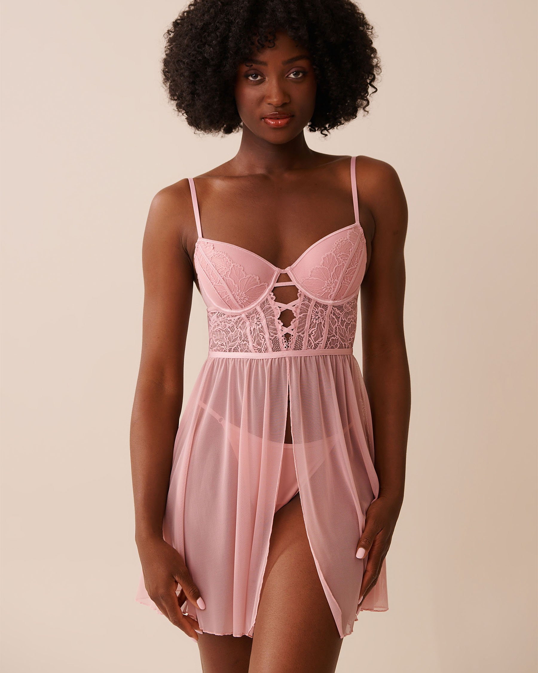 LA VIE EN ROSE Open-Front Lace and Mesh Nightie Blush Pink 60500206 - View1