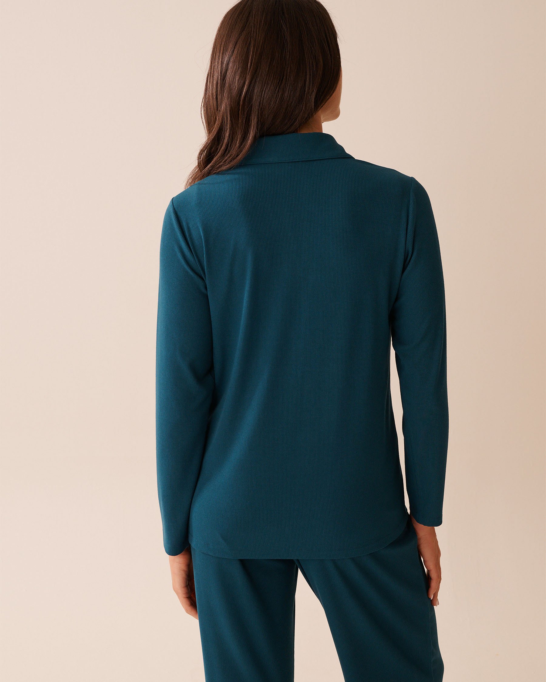 LA VIE EN ROSE Ribbed Modal Button-down Shirt Dark Cyan 60100152 - View2