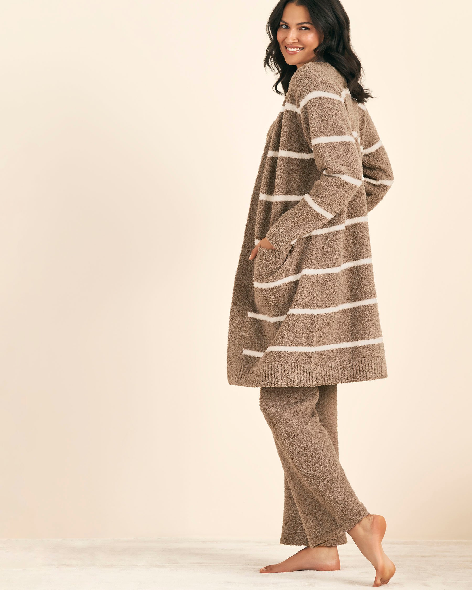 LA VIE EN ROSE Cardigan long en chenille Rayures brunes et blanches 50500016 - View2