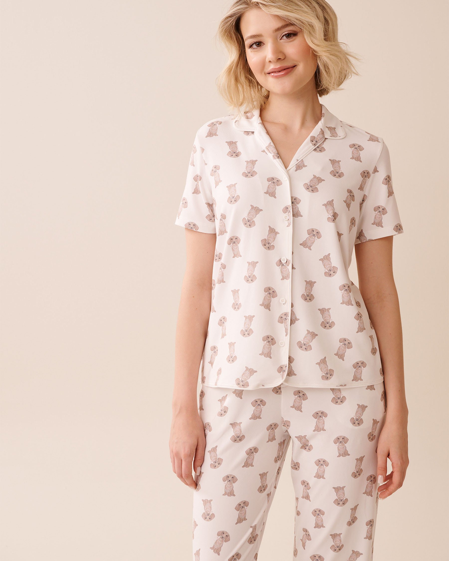 LA VIE EN ROSE Dachshund Print Super Soft Button-down Shirt White/Dachshunds 40100774 - View1