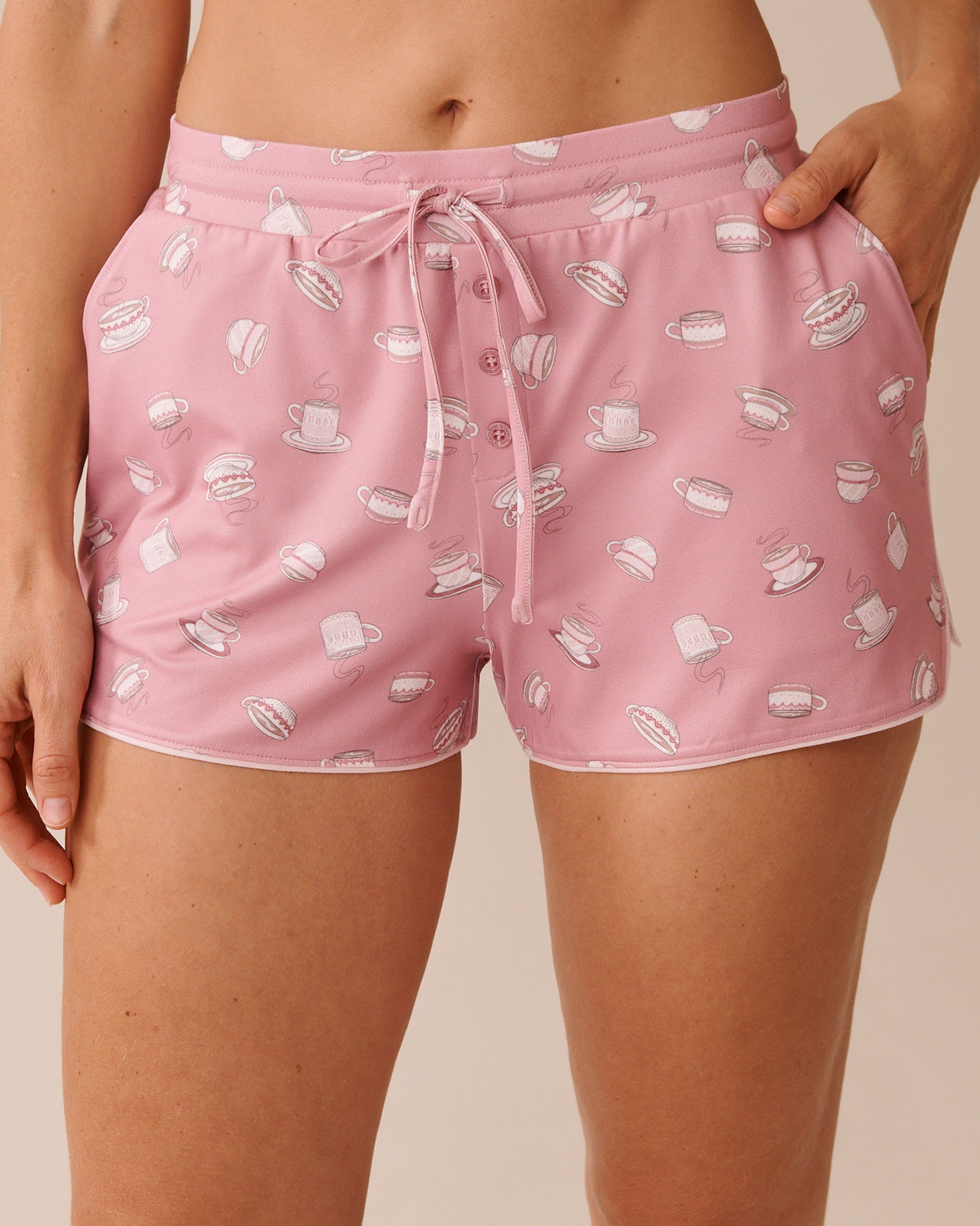 LA VIE EN ROSE Coffee Cup Print Super Soft Pajama Shorts Pink/Coffee Cups 40200772 - View1