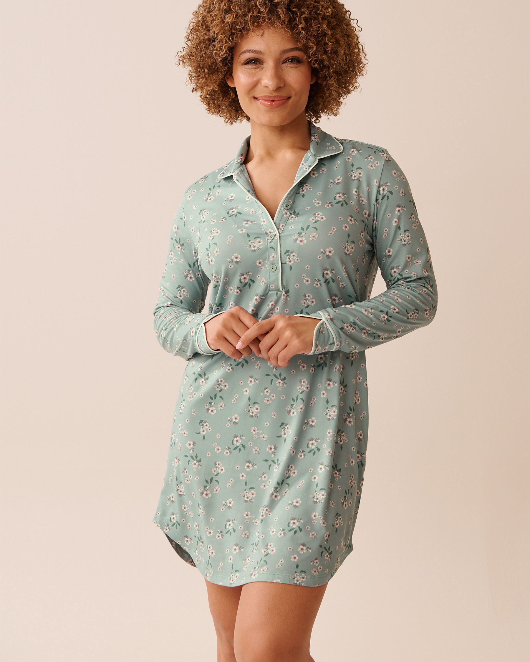 LA VIE EN ROSE Floral Print Super Soft Long Sleeve Sleepshirt Green/White Flowers 40500445 - View1
