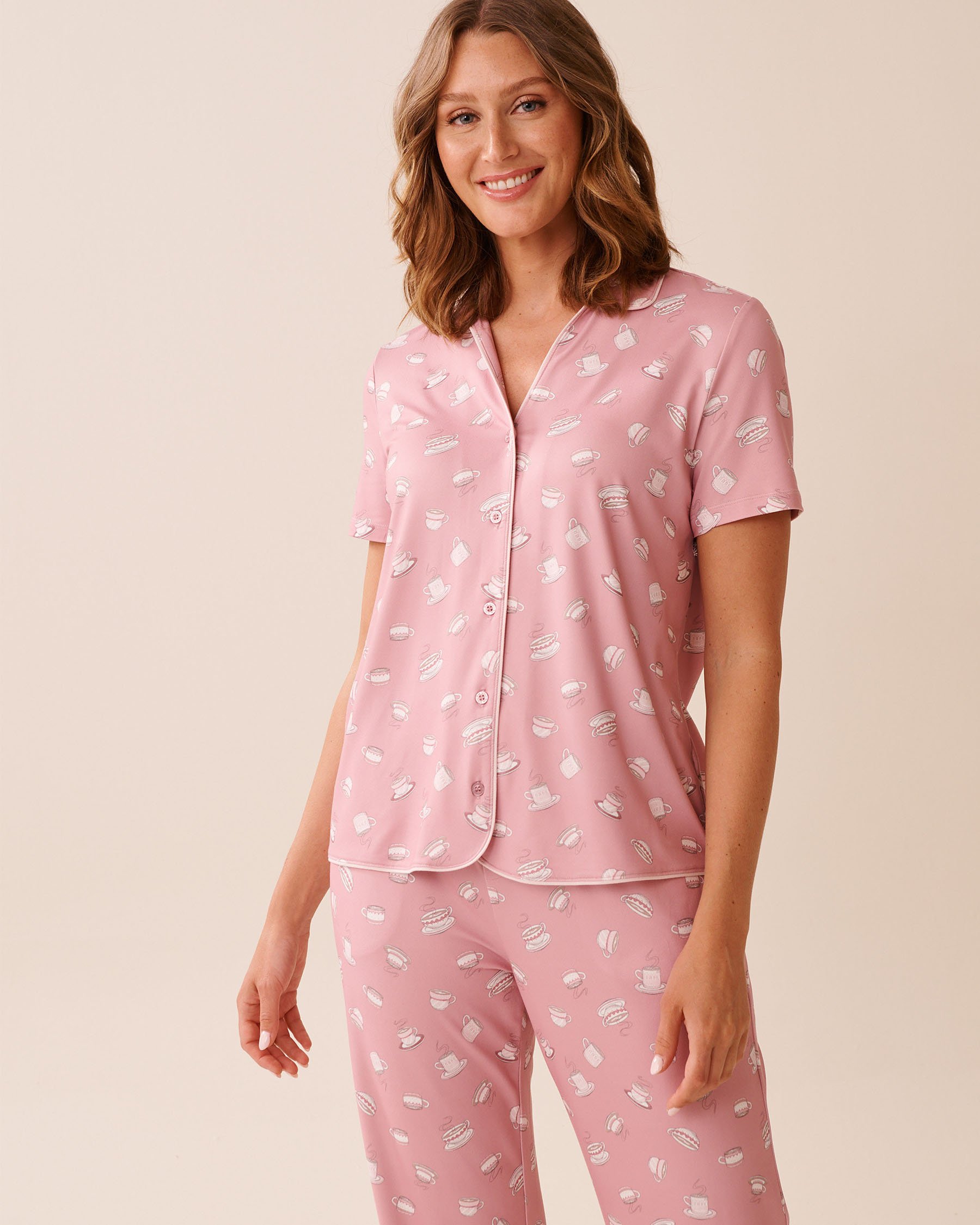 LA VIE EN ROSE Coffee Cup Print Super Soft Button-down Shirt Pink/Coffee Cups 40100778 - View1