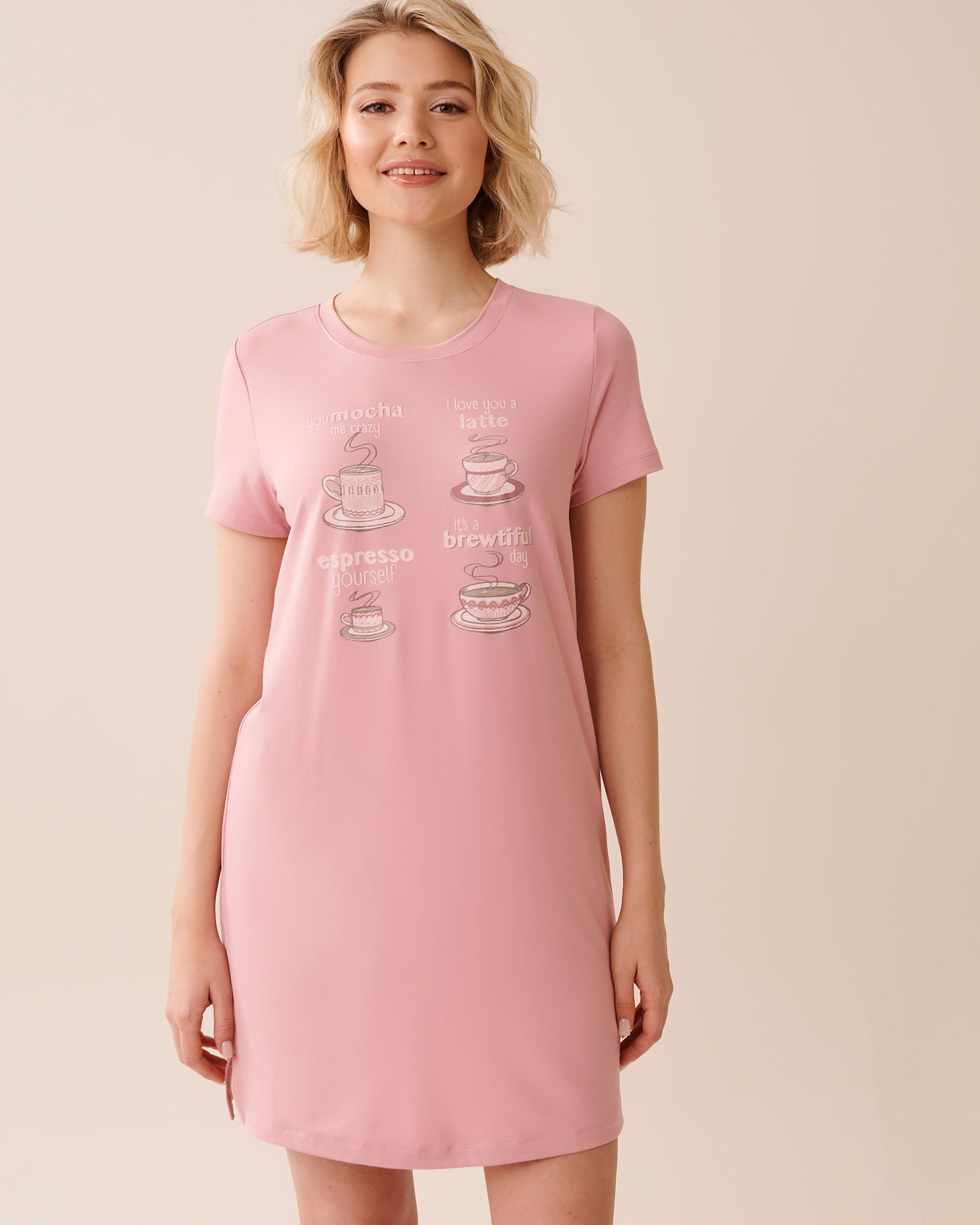 LA VIE EN ROSE Chemise de nuit ultra douce imprimé café Rose porcelaine 40500449 - View1