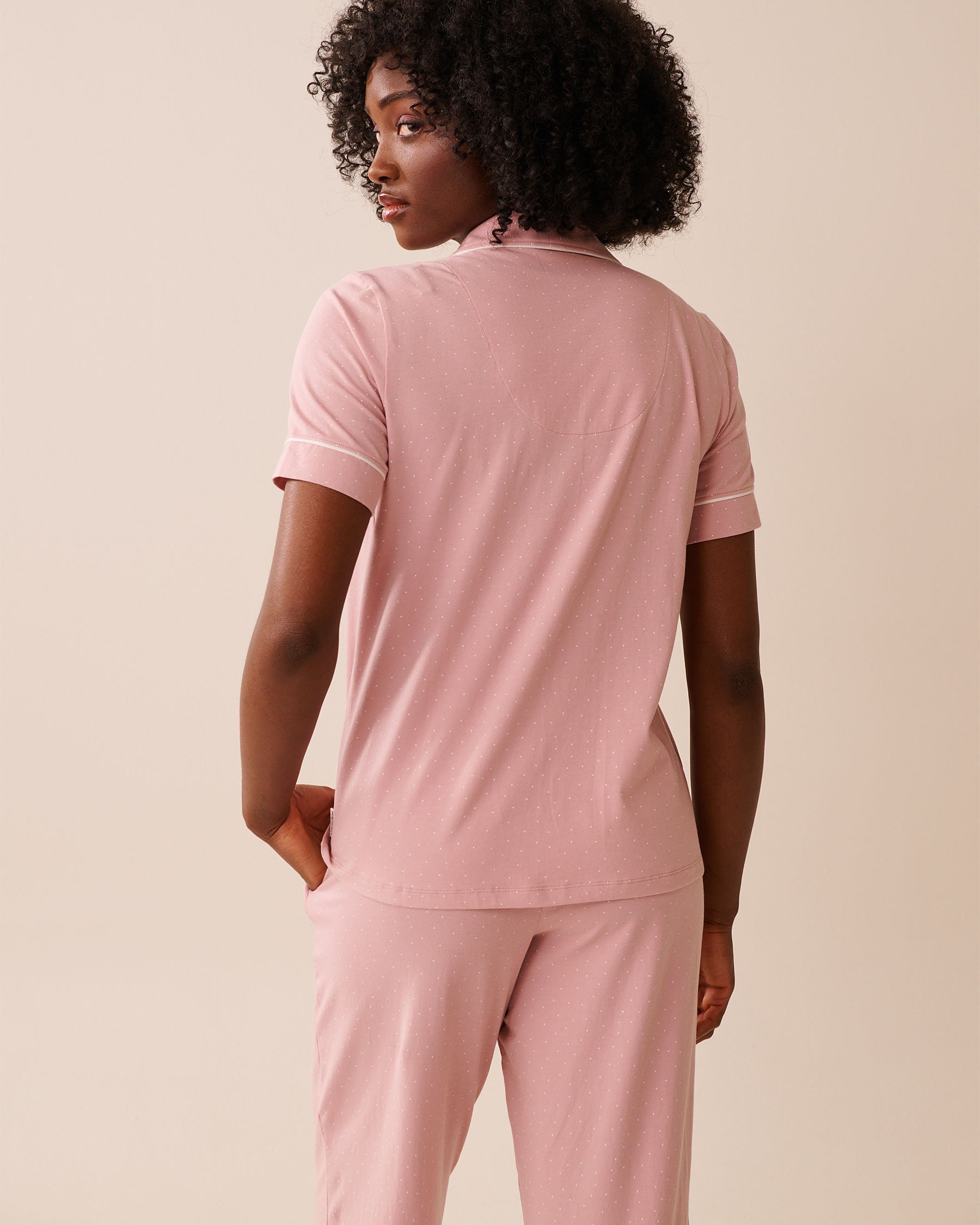 LA VIE EN ROSE Cotton Short Sleeve Button-down Shirt Pink & White Polka Dots 40100783 - View2