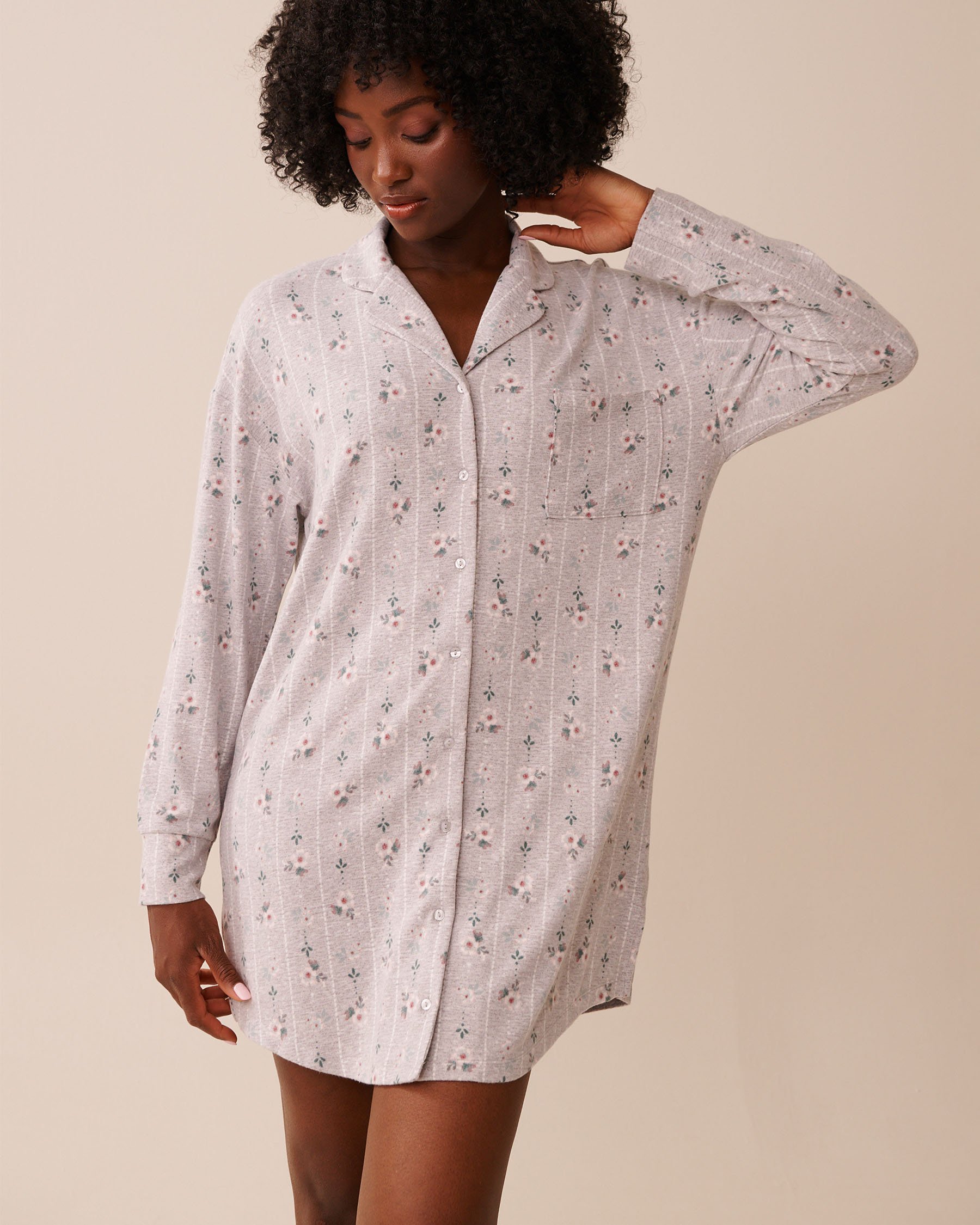 LA VIE EN ROSE Floral Print Recycled Fibers Button-down Sleepshirt Grey Floral 40500447 - View1