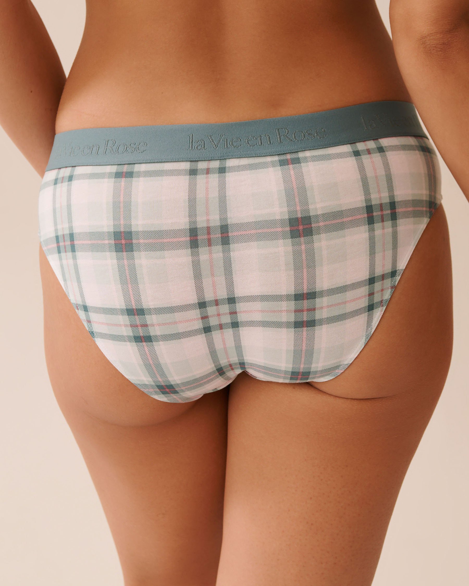 LA VIE EN ROSE Cotton and Logo Elastic Band Bikini Panty Green Plaid 20100646 - View2