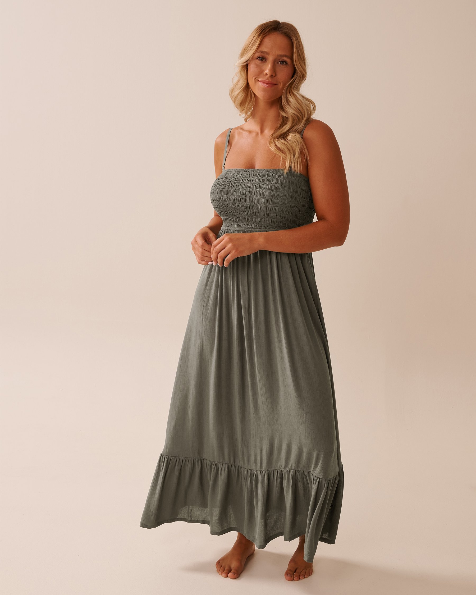 LA VIE EN ROSE AQUA Maxi Smocked Dress with Removable Straps Khaki Grey 80300122 - View1
