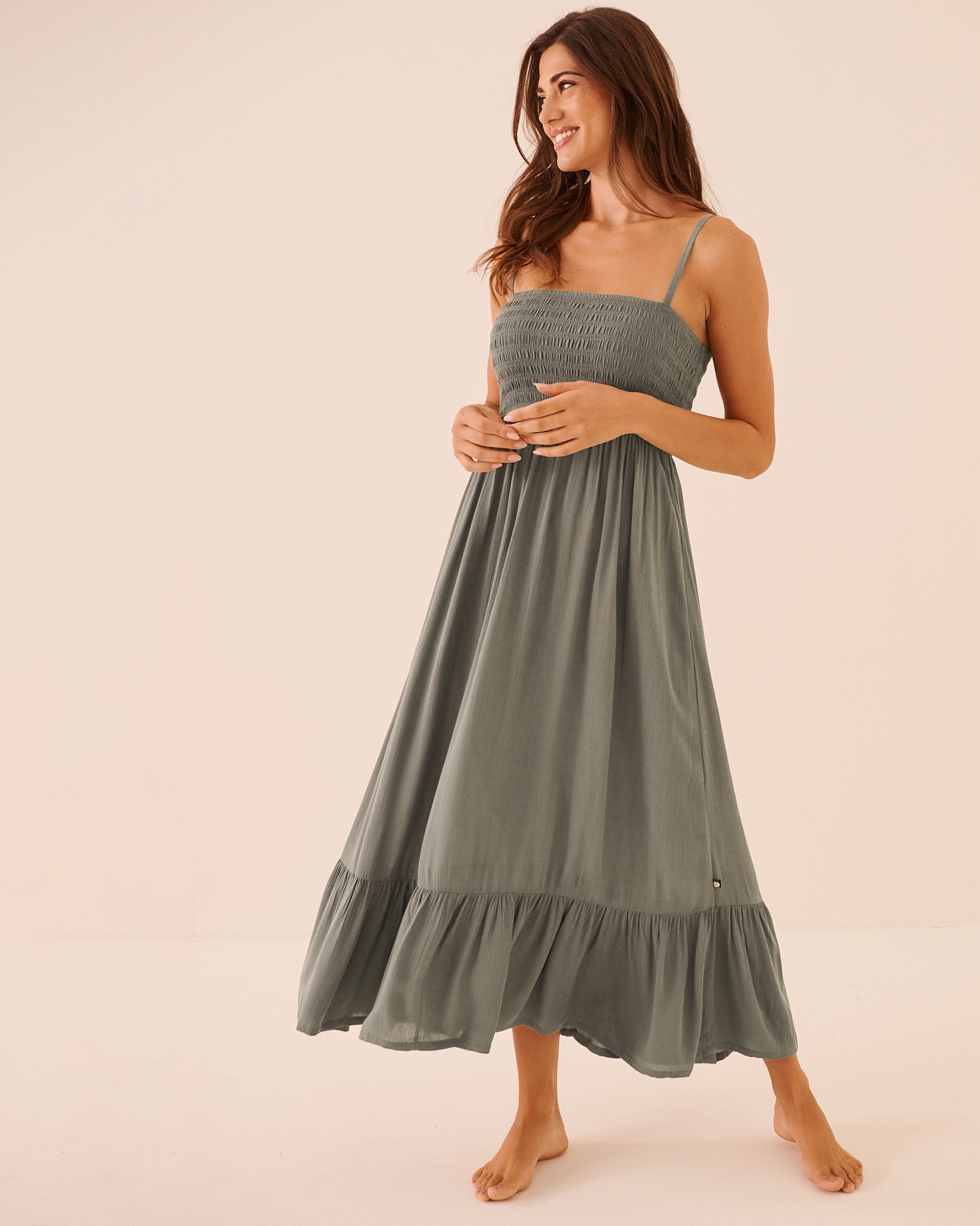 LA VIE EN ROSE AQUA Maxi Smocked Dress Khaki Grey 80300122 - View1
