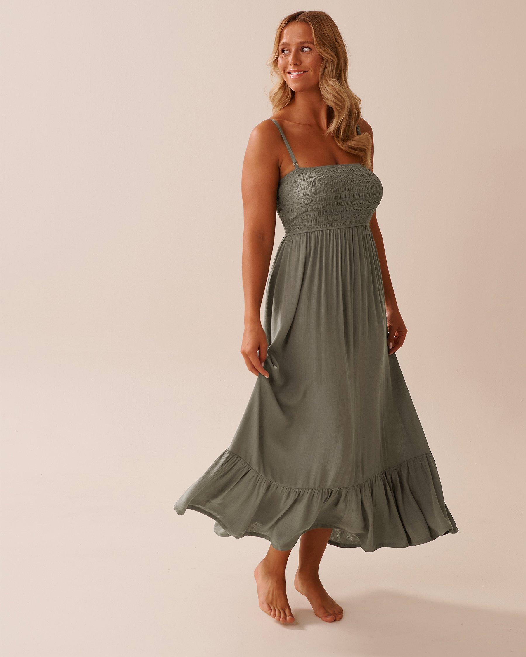 LA VIE EN ROSE AQUA Maxi Smocked Dress with Removable Straps Khaki Grey 80300122 - View4