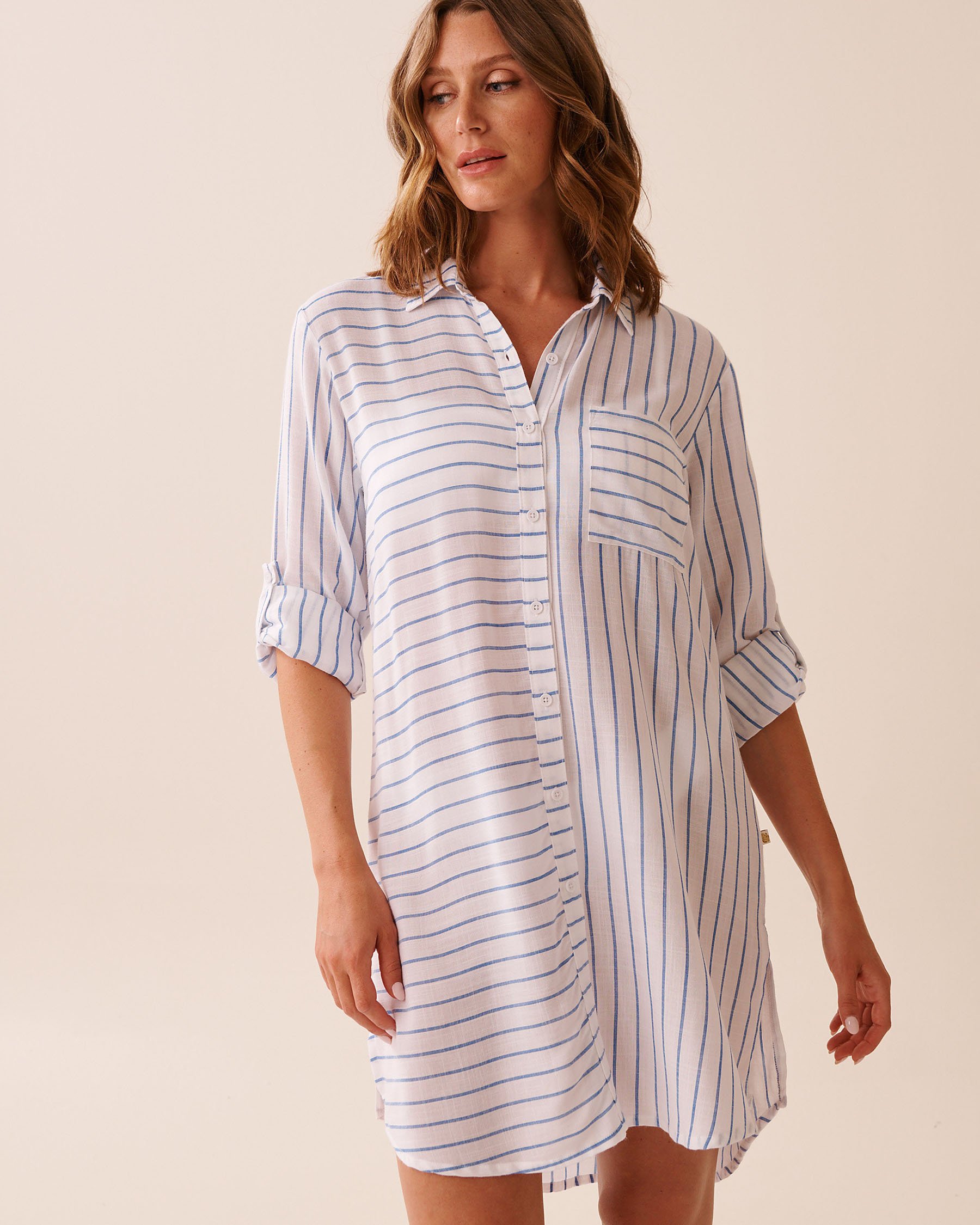 LA VIE EN ROSE AQUA Long Striped Button-down Shirt Blue Stripes 80100036 - View5