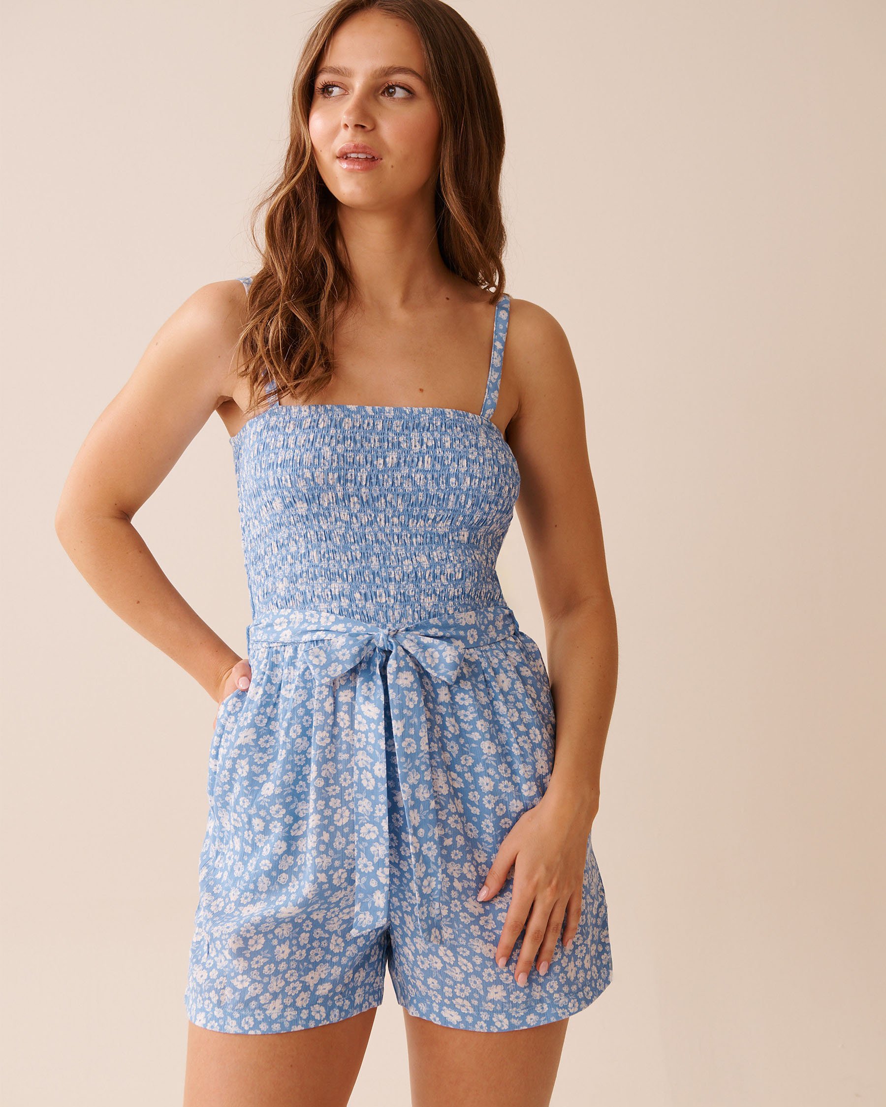 LA VIE EN ROSE AQUA Floral Smocked Bust Gauze Romper Blue Meadow 80300125 LA VIE EN ROSE AQUA Floral Smocked Bust Gauze Romper Blue Meadow 80300125 - View1