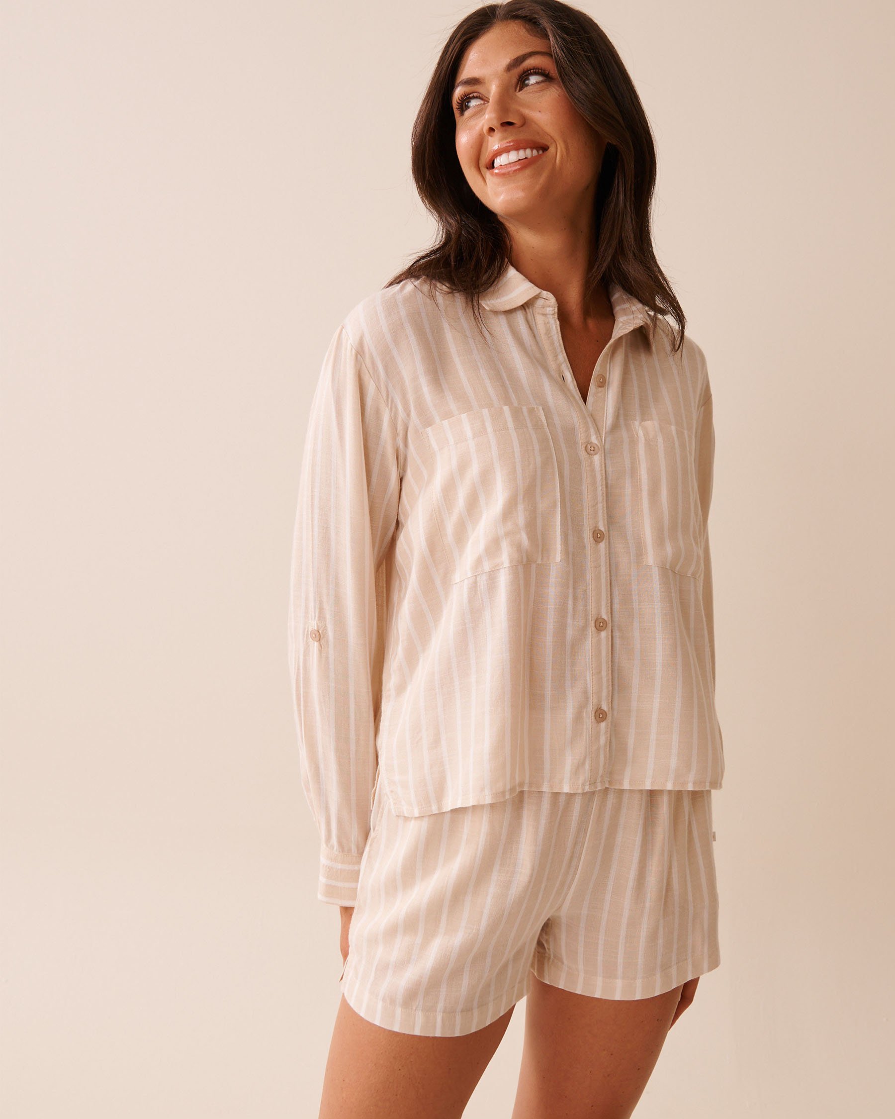 LA VIE EN ROSE AQUA Chemisier court rayé Rayures beiges et blanches 80100037 - View1