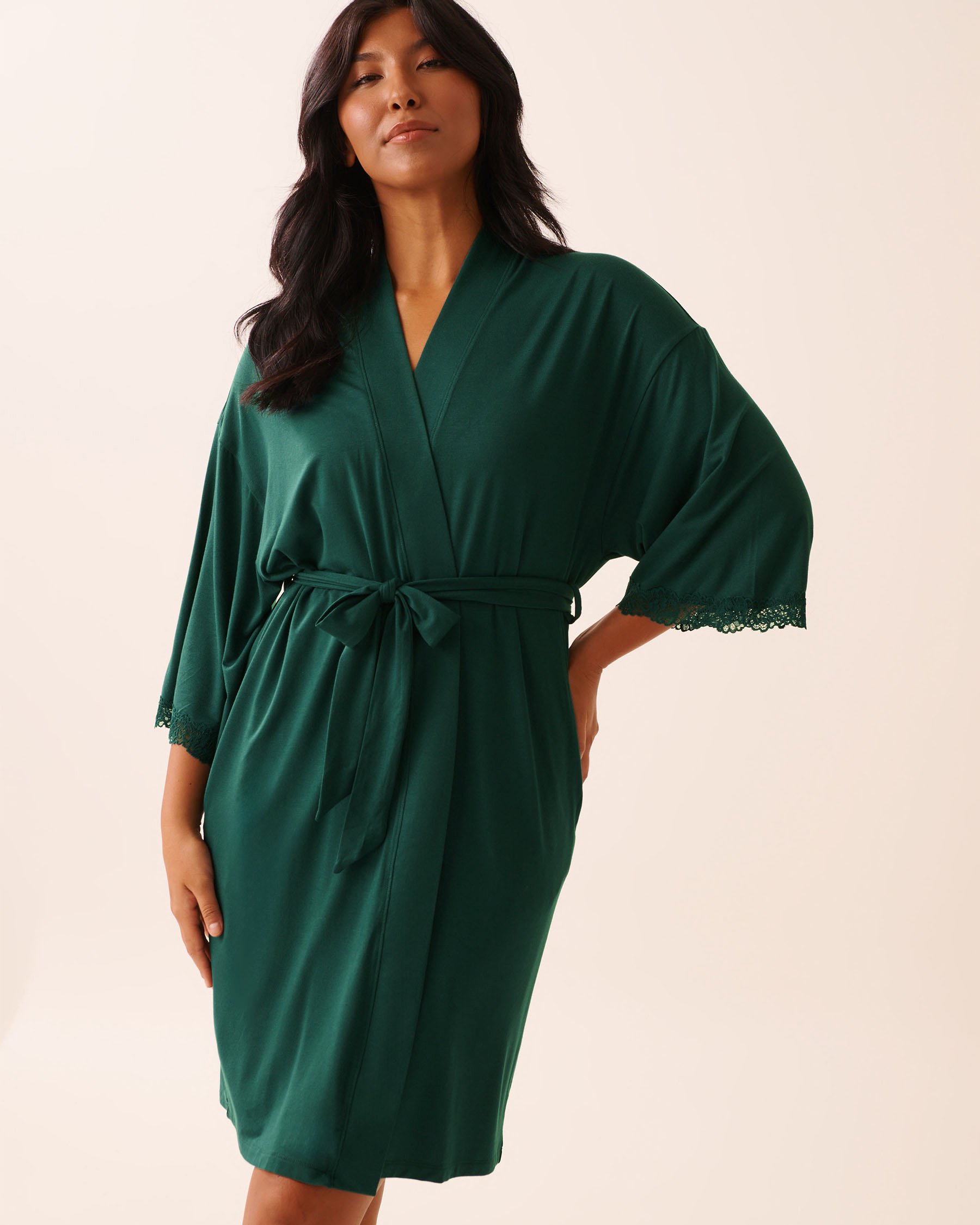 LA VIE EN ROSE Lace Trim Modal Kimono Fir Green 60600108 LA VIE EN ROSE Lace Trim Modal Kimono Fir Green 60600108 - View1