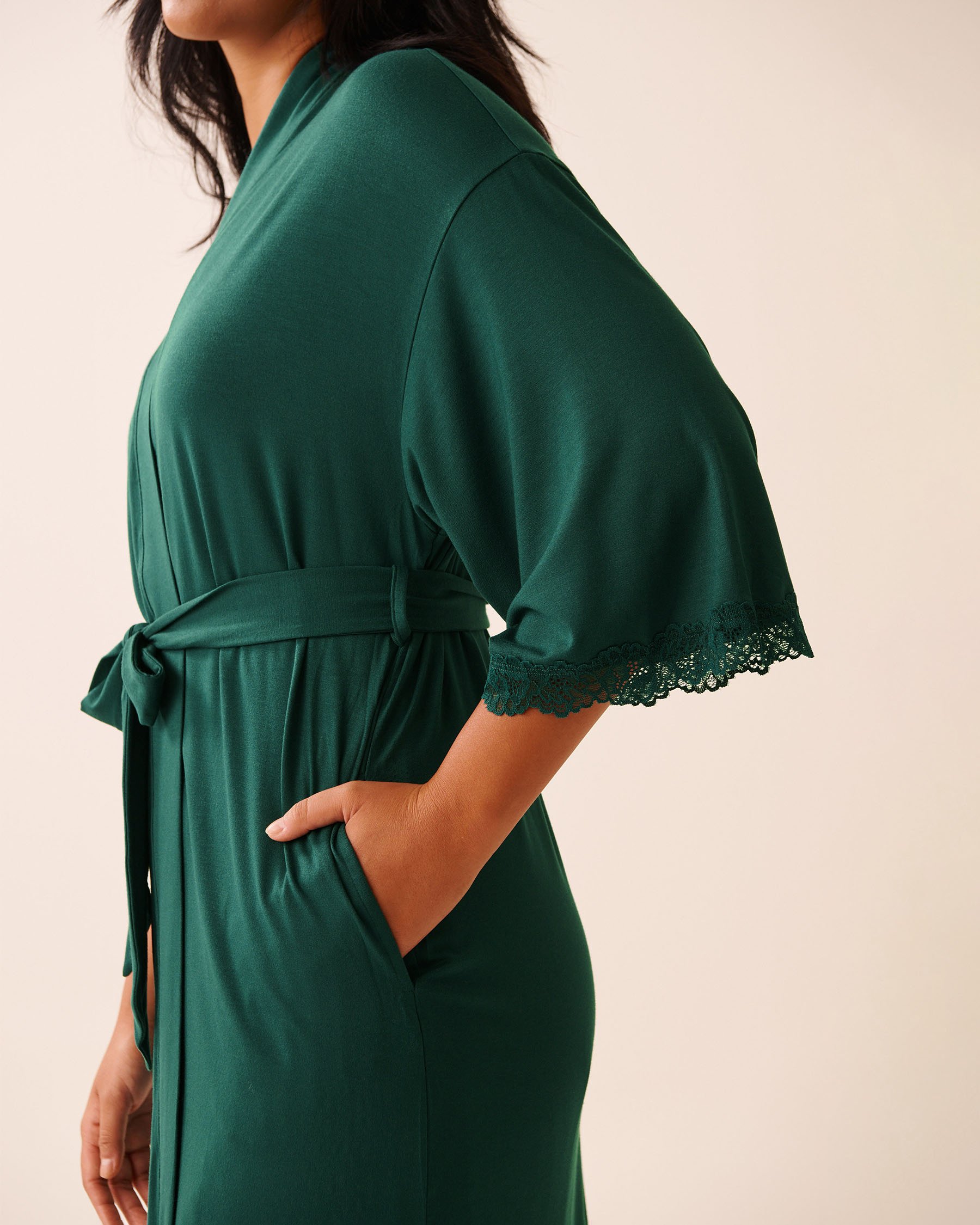 LA VIE EN ROSE Lace Trim Modal Kimono Fir Green 60600108 LA VIE EN ROSE Lace Trim Modal Kimono Fir Green 60600108 - View3