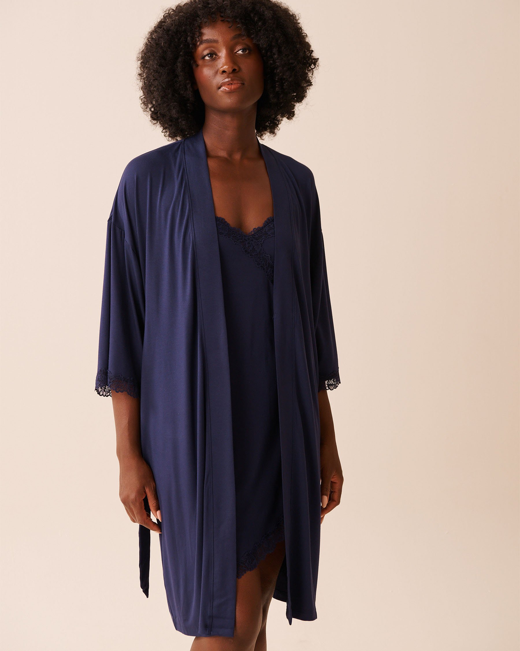 LA VIE EN ROSE Lace Trim Modal Kimono Evening Blue 60600108 LA VIE EN ROSE Lace Trim Modal Kimono Evening Blue 60600108 - View4