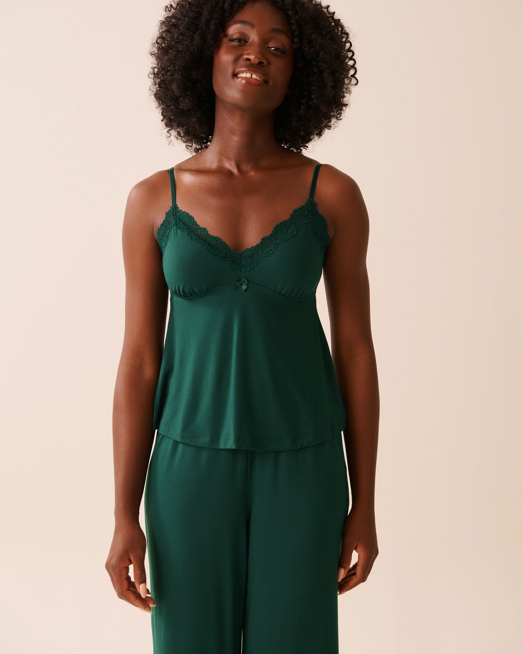 LA VIE EN ROSE Lace Trim Modal Cami Fir Green 60100163 - View1