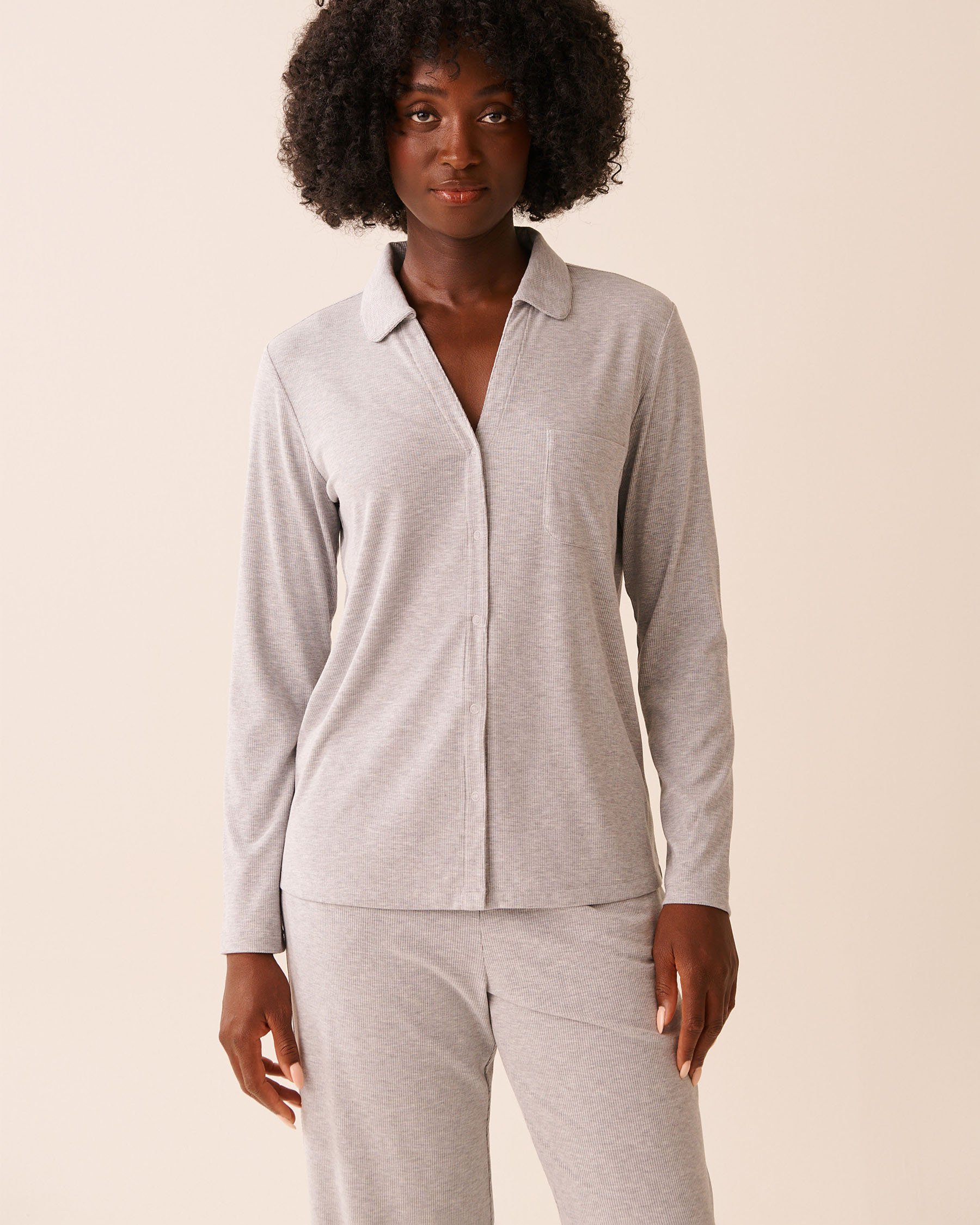 LA VIE EN ROSE Ribbed Modal Button-down Shirt Grey 60100173 - View1