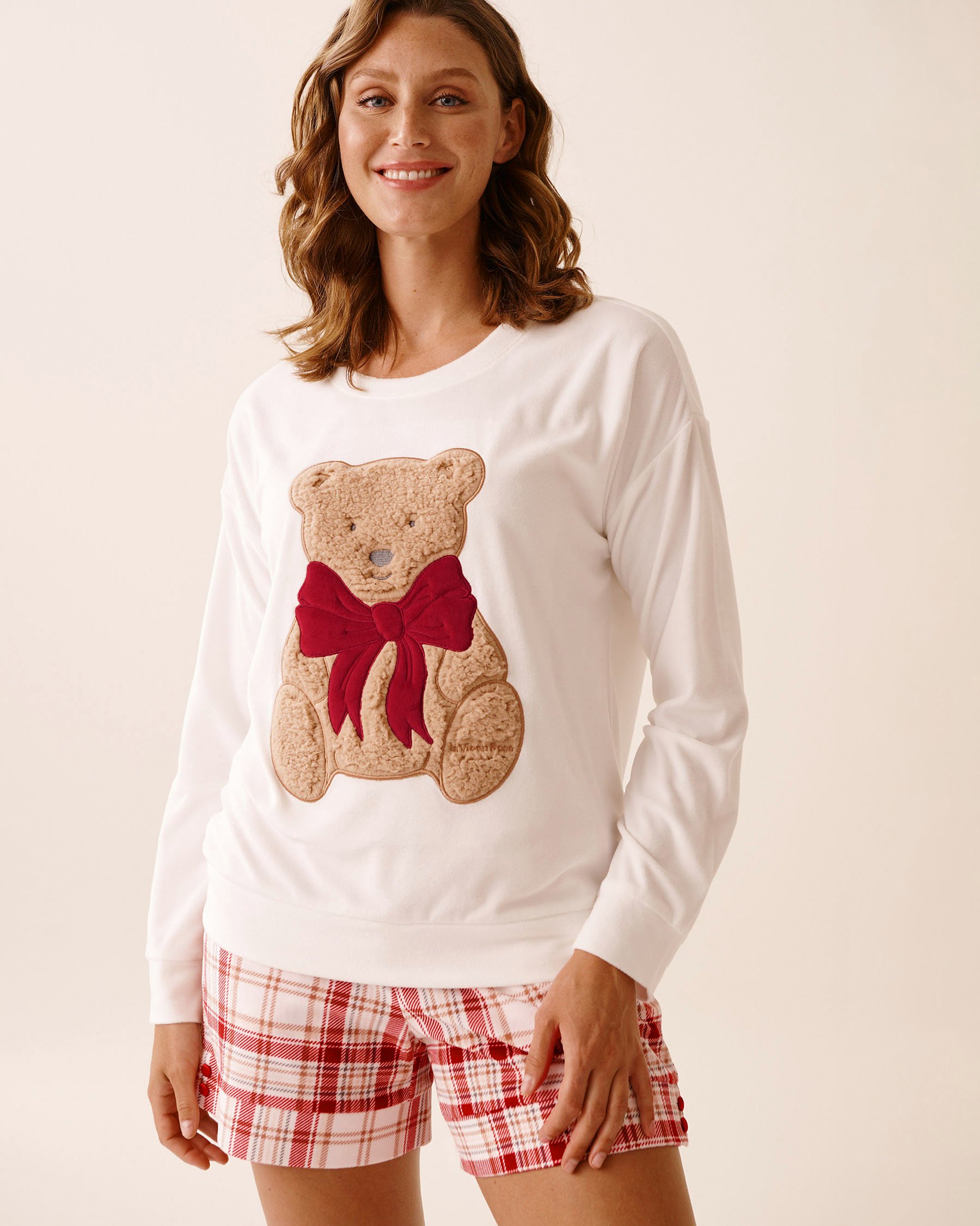LA VIE EN ROSE Teddy Bear Soft Velour Long Sleeve Shirt White/Teddy Bear 40100798 - View1