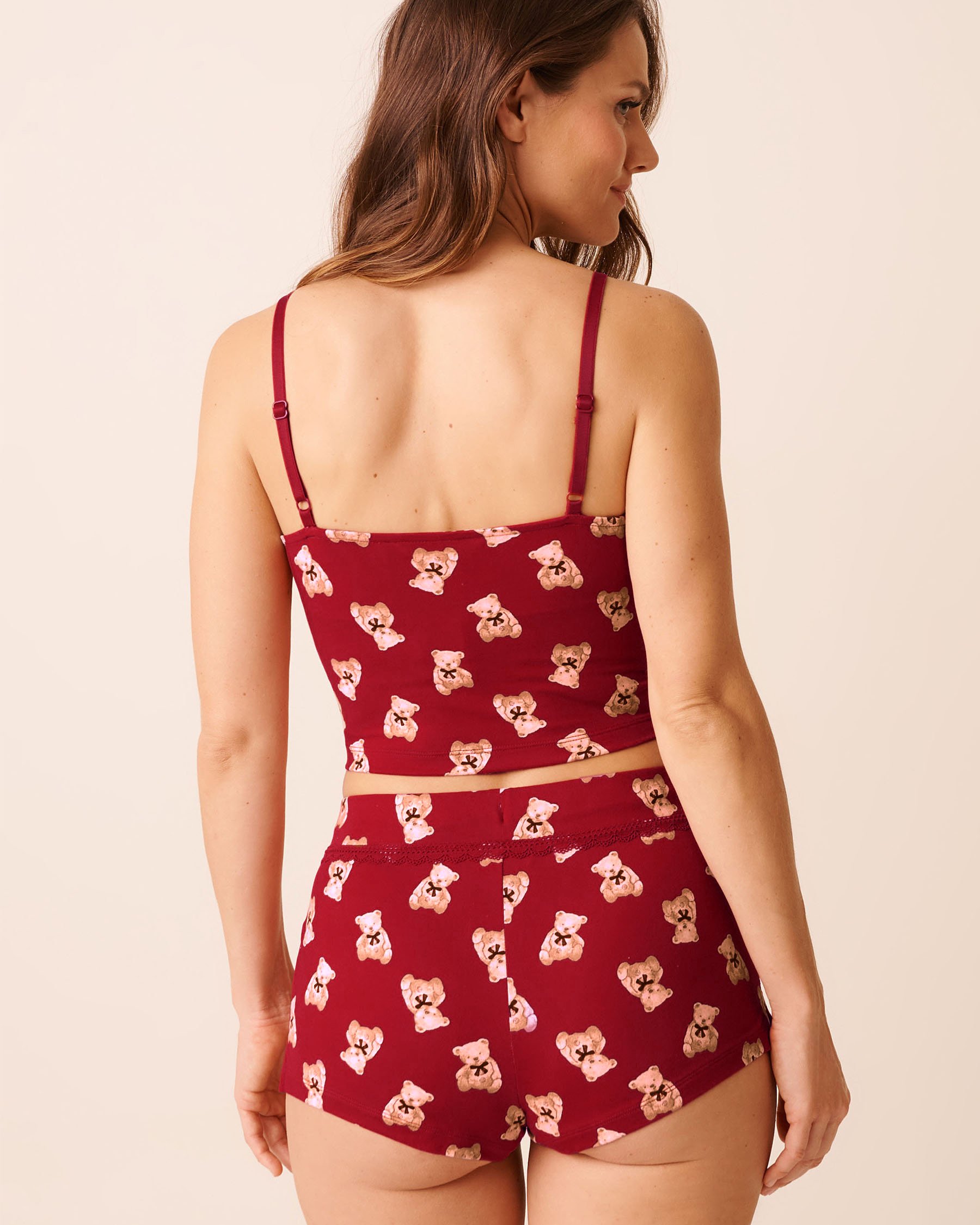 LA VIE EN ROSE Teddy Bear Print Super Soft Crop Cami Red/Teddy Bears 40100803 - View2