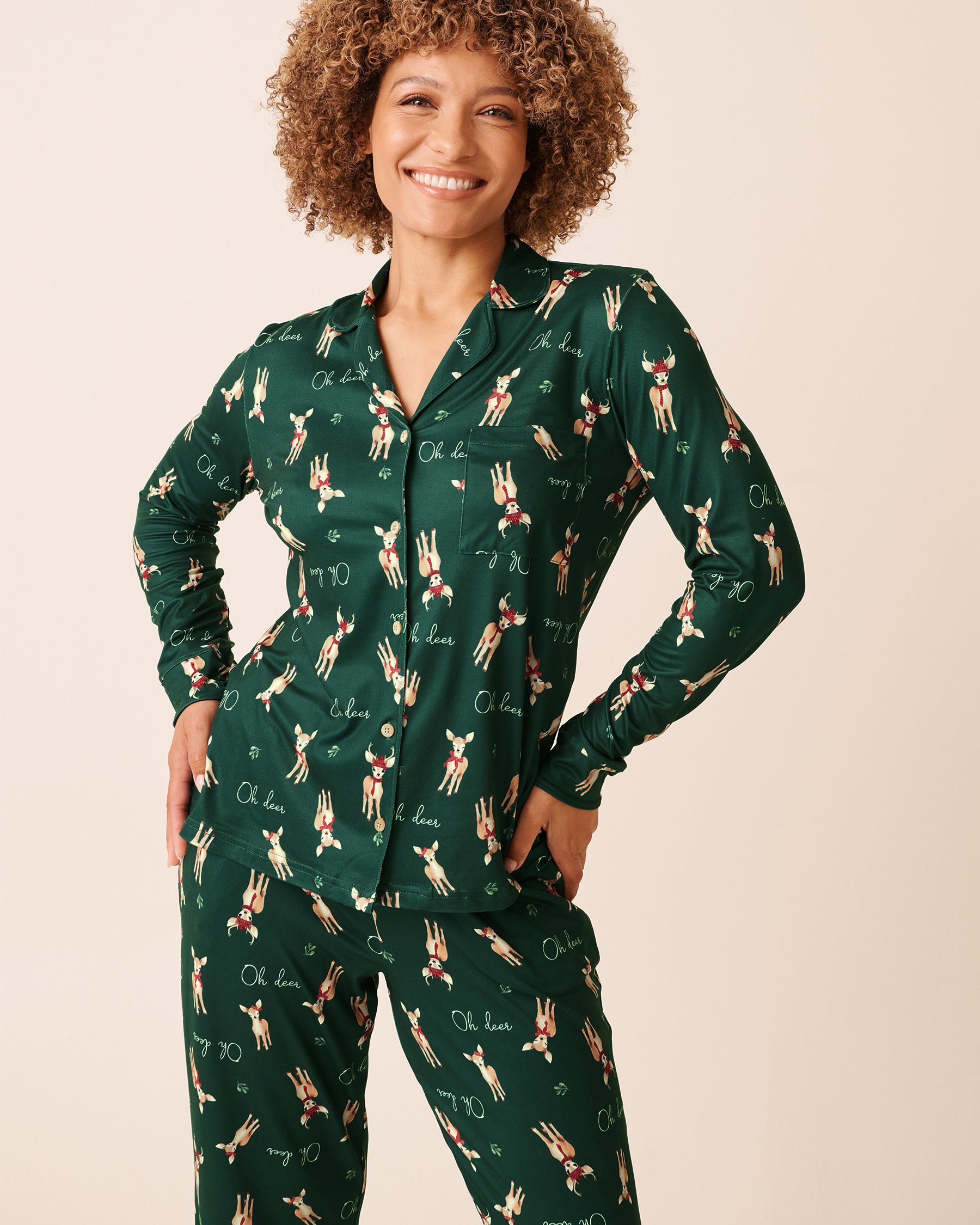 LA VIE EN ROSE Deer Print Super Soft Button-down Shirt Fir Green/Deers 40100810 - View1