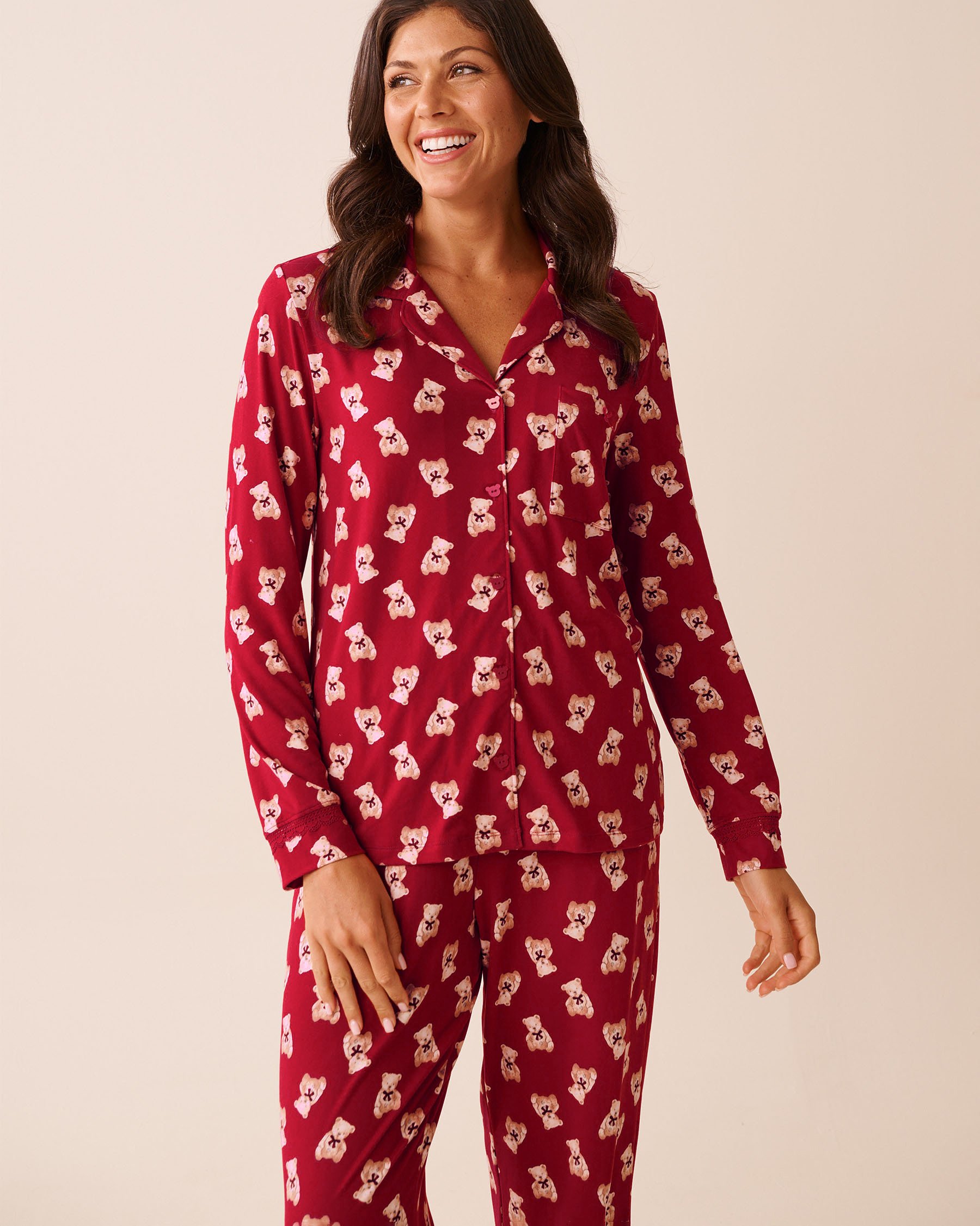 LA VIE EN ROSE Teddy Bear Print Super Soft Button-down Shirt Red/Teddy Bears 40100817 - View1
