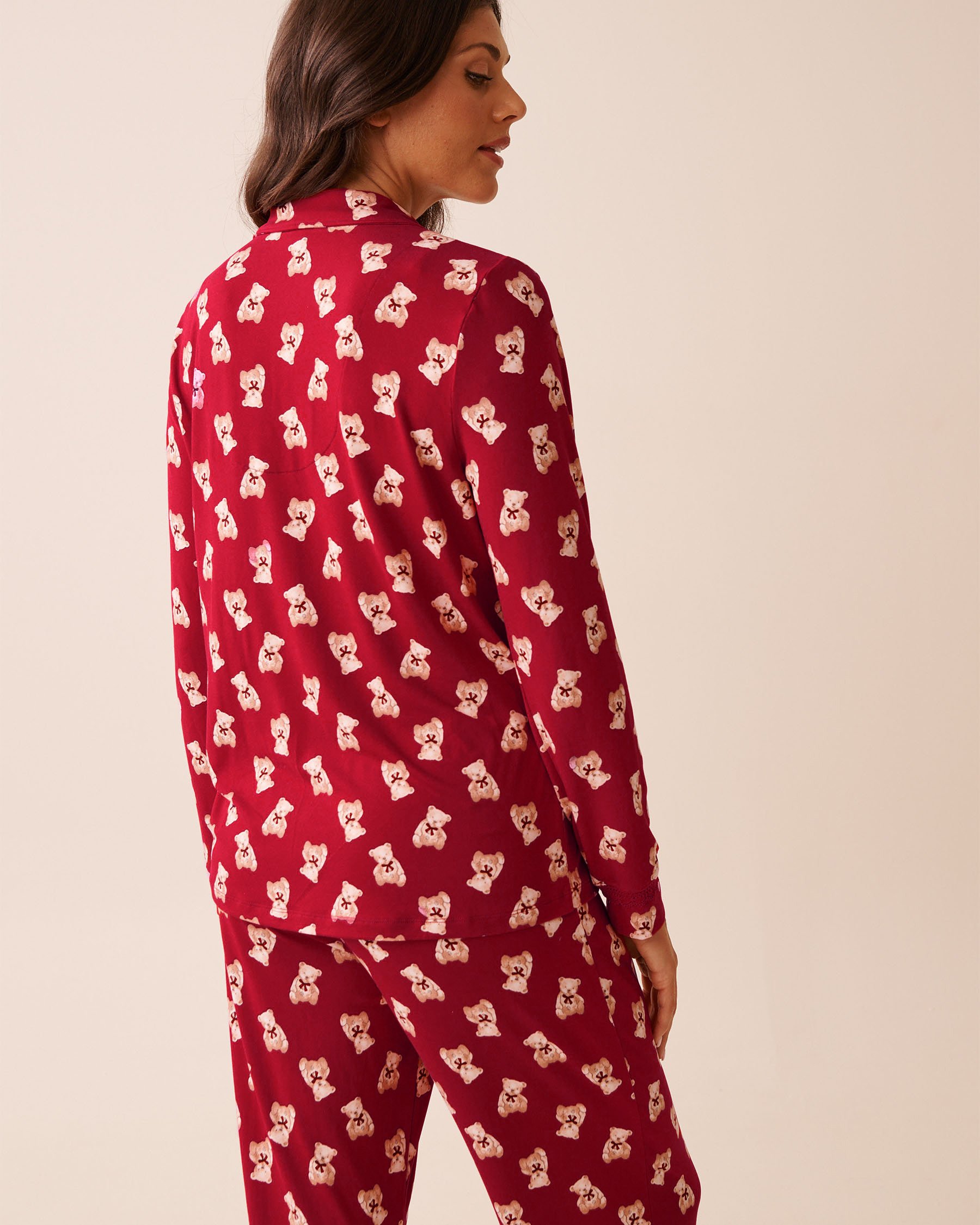 LA VIE EN ROSE Teddy Bear Print Super Soft Button-down Shirt Red/Teddy Bears 40100817 - View2