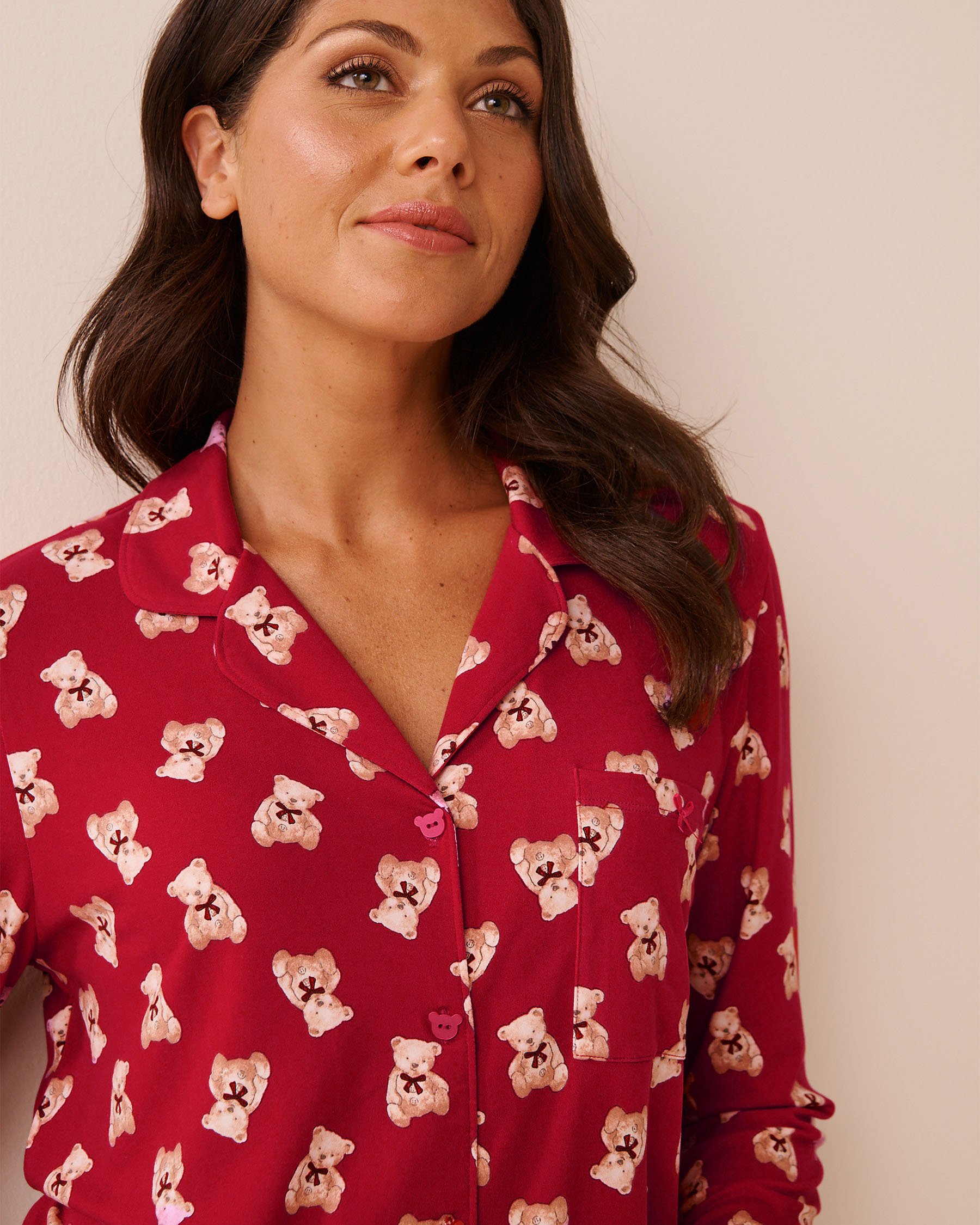 LA VIE EN ROSE Teddy Bear Print Super Soft Button-down Shirt Red/Teddy Bears 40100817 - View3