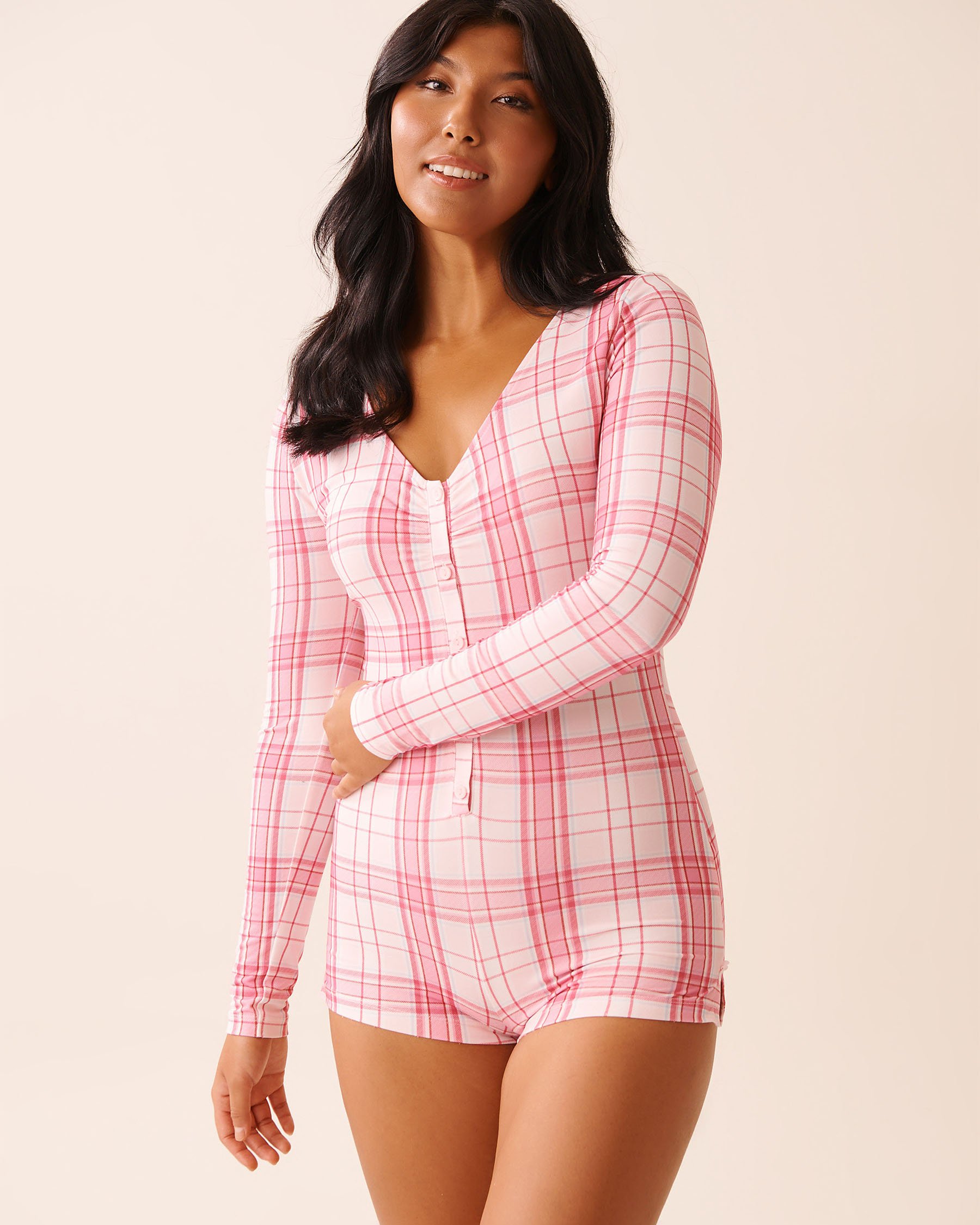 LA VIE EN ROSE Combishort manches longues ultra doux carreaux roses Carreaux roses 40300062 - View1