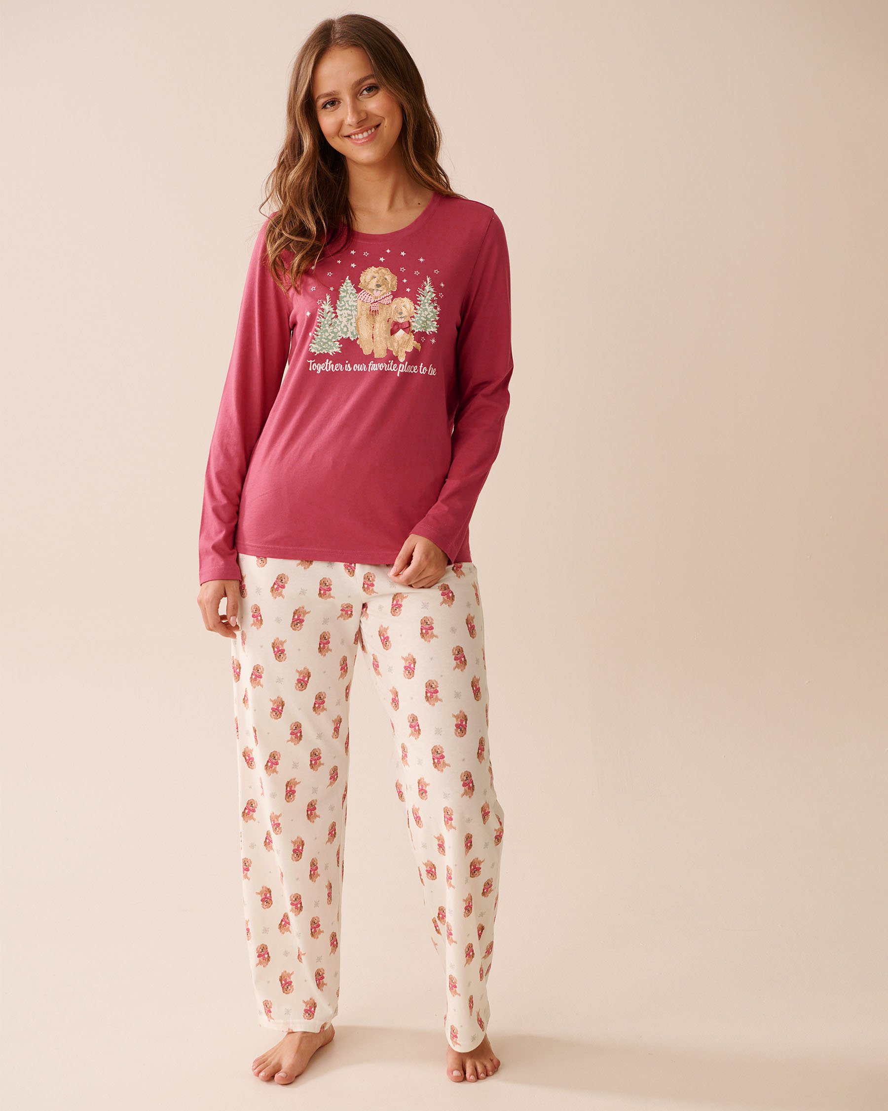 LA VIE EN ROSE Ensemble pyjama en coton imprimé chien Rouge/Chiens 40400087 - Voir1