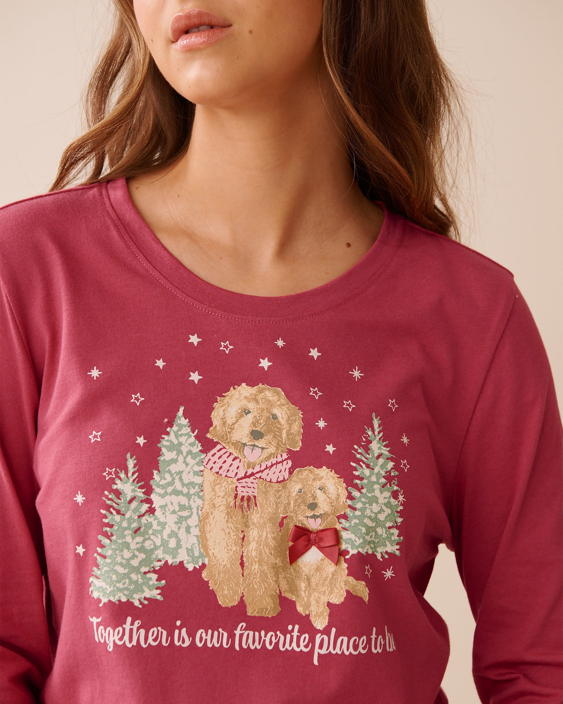 LA VIE EN ROSE Ensemble pyjama en coton imprimé chien Rouge/Chiens 40400087 - Voir3
