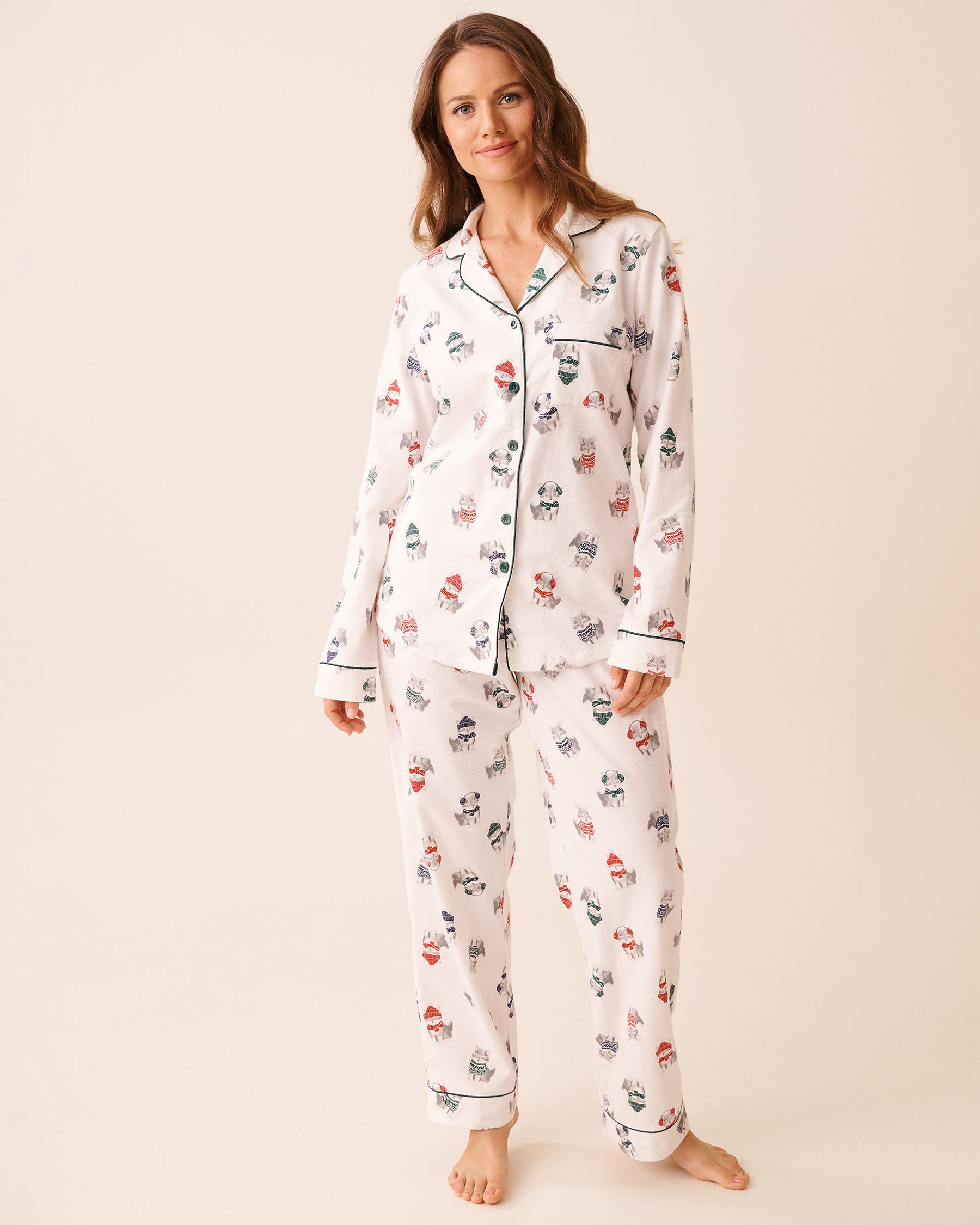 LA VIE EN ROSE Ensemble pyjama en flanelle imprimé chat Blanc/Chats 40400089 - Voir1