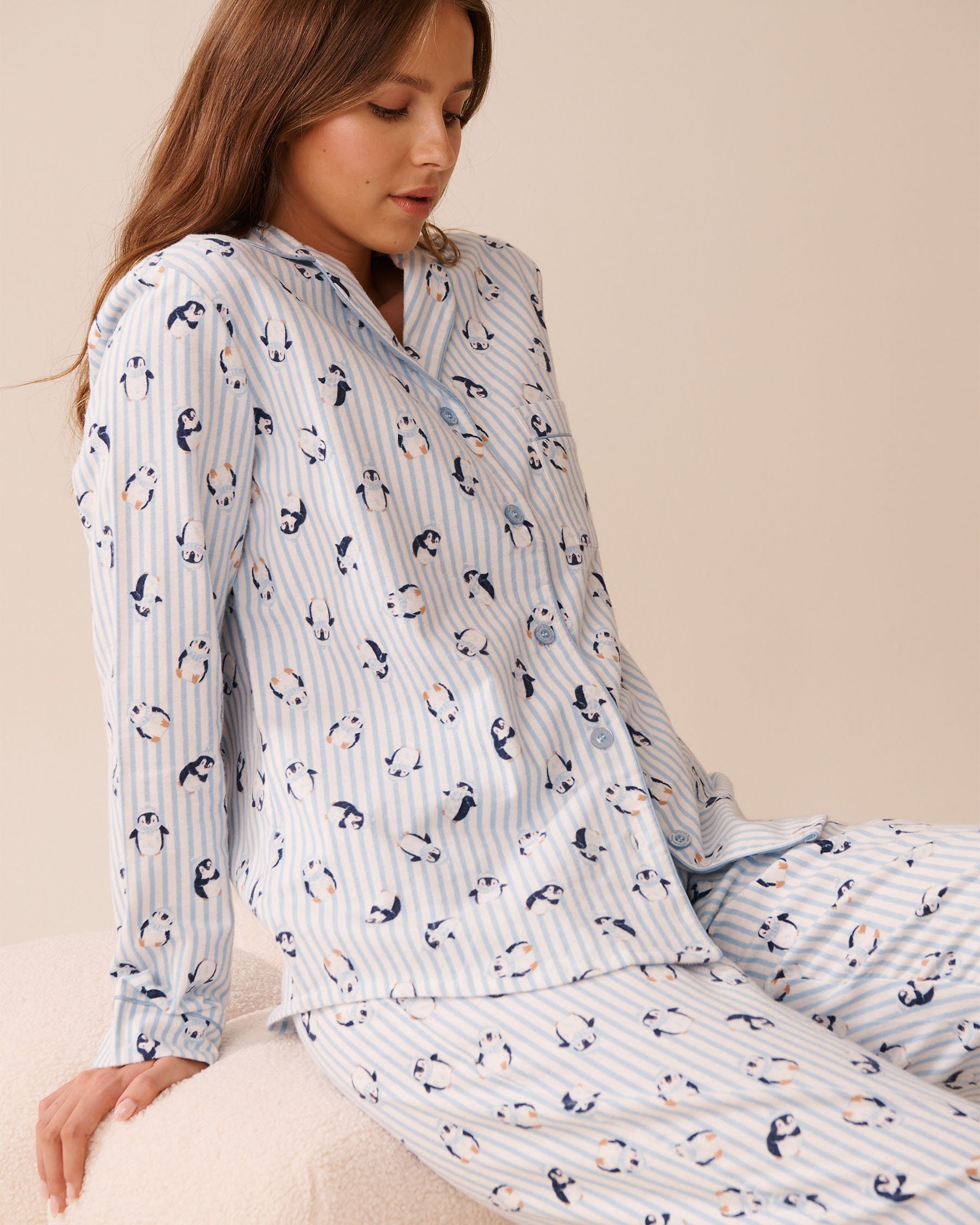 LA VIE EN ROSE Ensemble pyjama en flanelle imprimé pingouin Rayures bleues/Pingouins 40400089 - Voir4