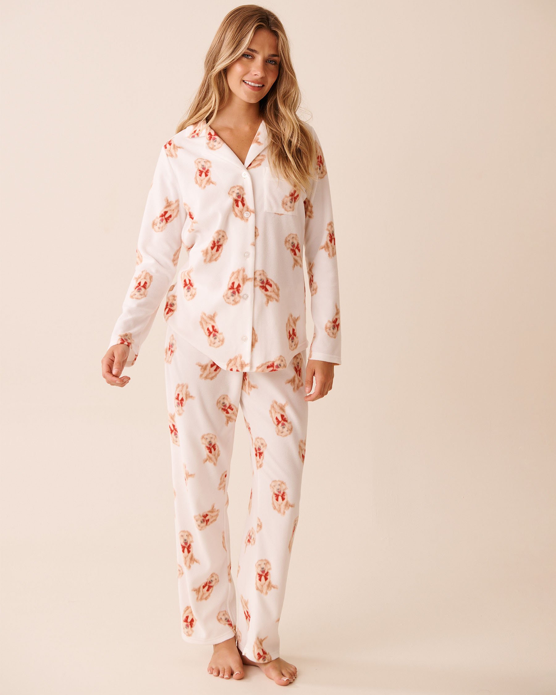 LA VIE EN ROSE Dog Print Microfleece PJ Set White/Dogs 40400090 LA VIE EN ROSE Dog Print Microfleece PJ Set White/Dogs 40400090 - View3