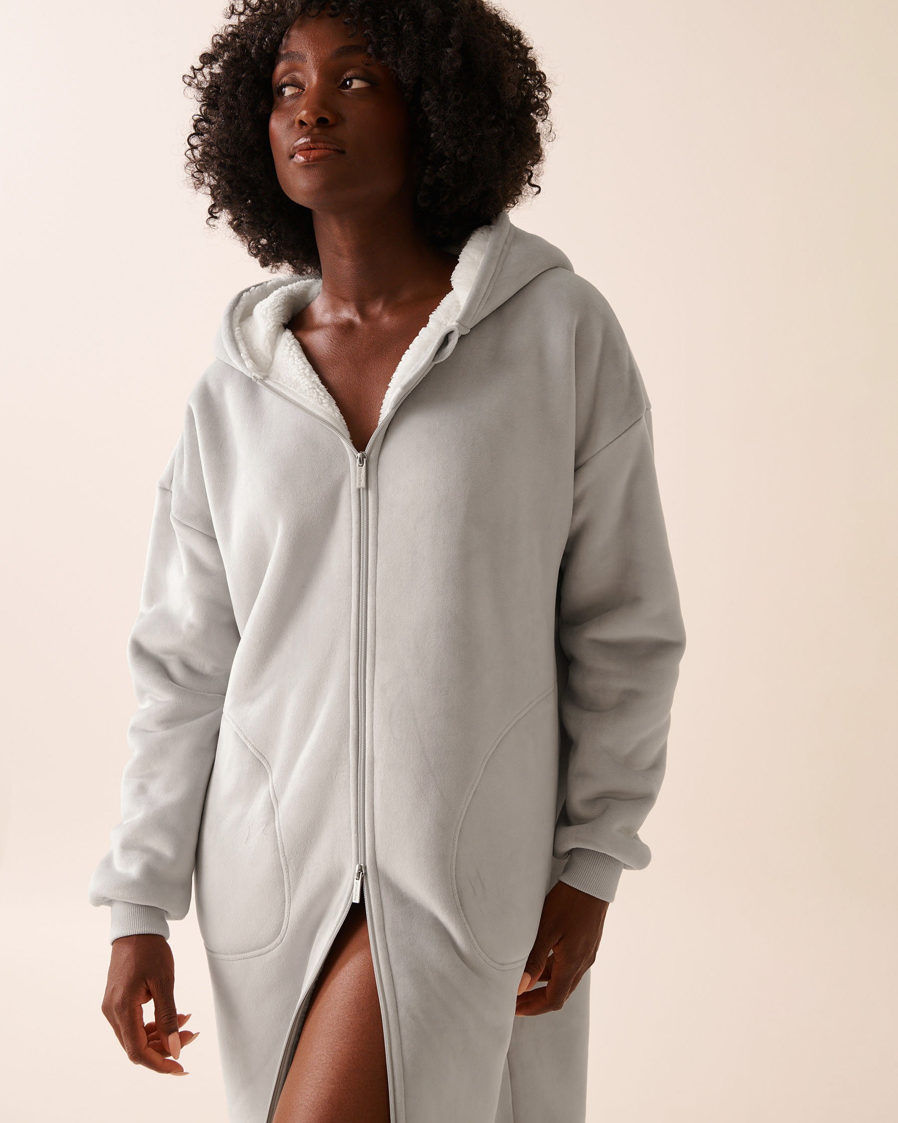 LA VIE EN ROSE Hooded Robe with Zipper Grey 40600216 LA VIE EN ROSE Hooded Robe with Zipper Grey 40600216 - View4