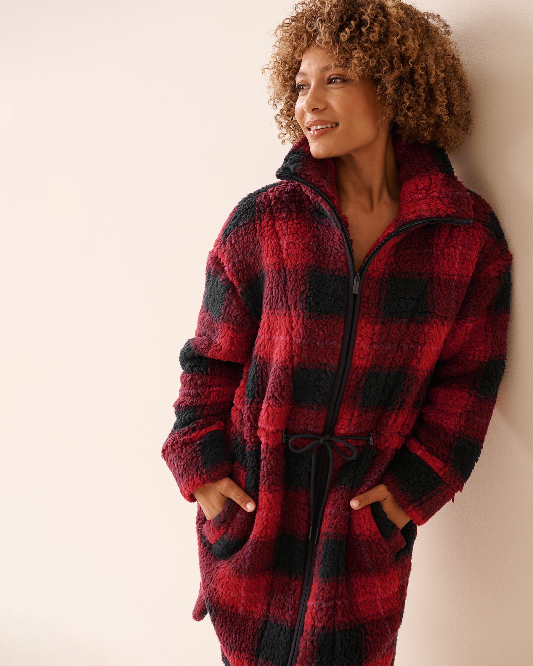 LA VIE EN ROSE Robe de chambre en sherpa à fermeture éclair et col cheminée Carreaux buffalo 40600221 - Voir3