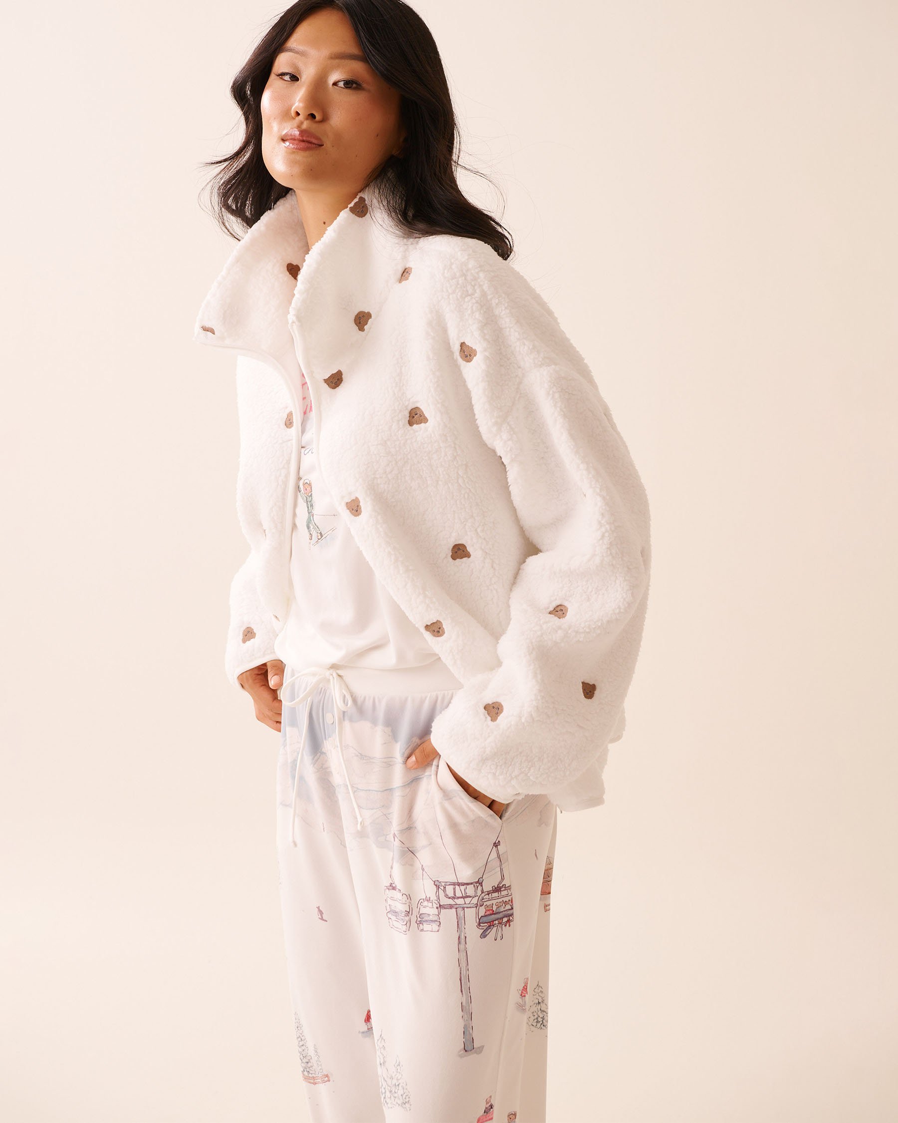 LA VIE EN ROSE Teddy Bear Embroidered Sherpa Cardigan White/Teddy Bears 40600227 - View4