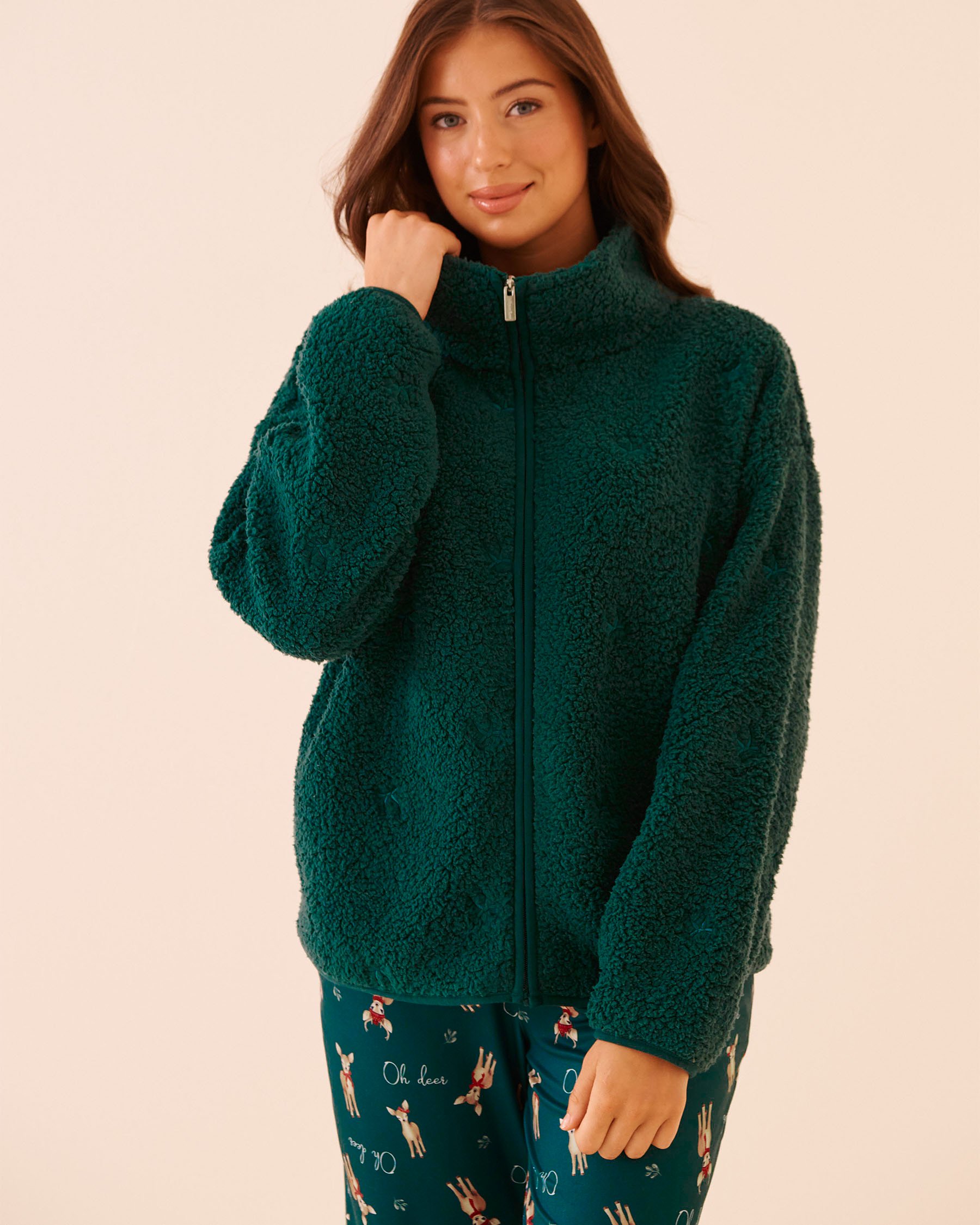 LA VIE EN ROSE Bow Embroidered Sherpa Cardigan Green/Bows 40600227 - View2