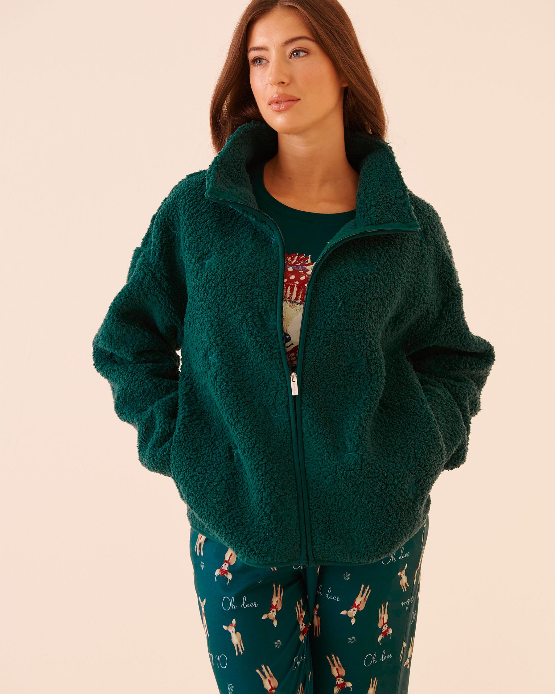 LA VIE EN ROSE Bow Embroidered Sherpa Cardigan Green/Bows 40600227 - View5