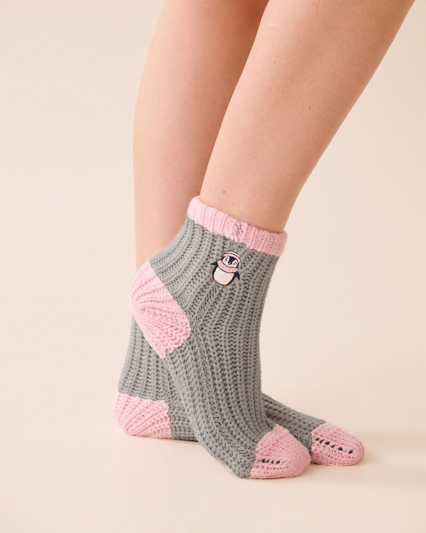 LA VIE EN ROSE Bas en tricot broderie pingouin Gris/Pingouin 40700423 - Voir1