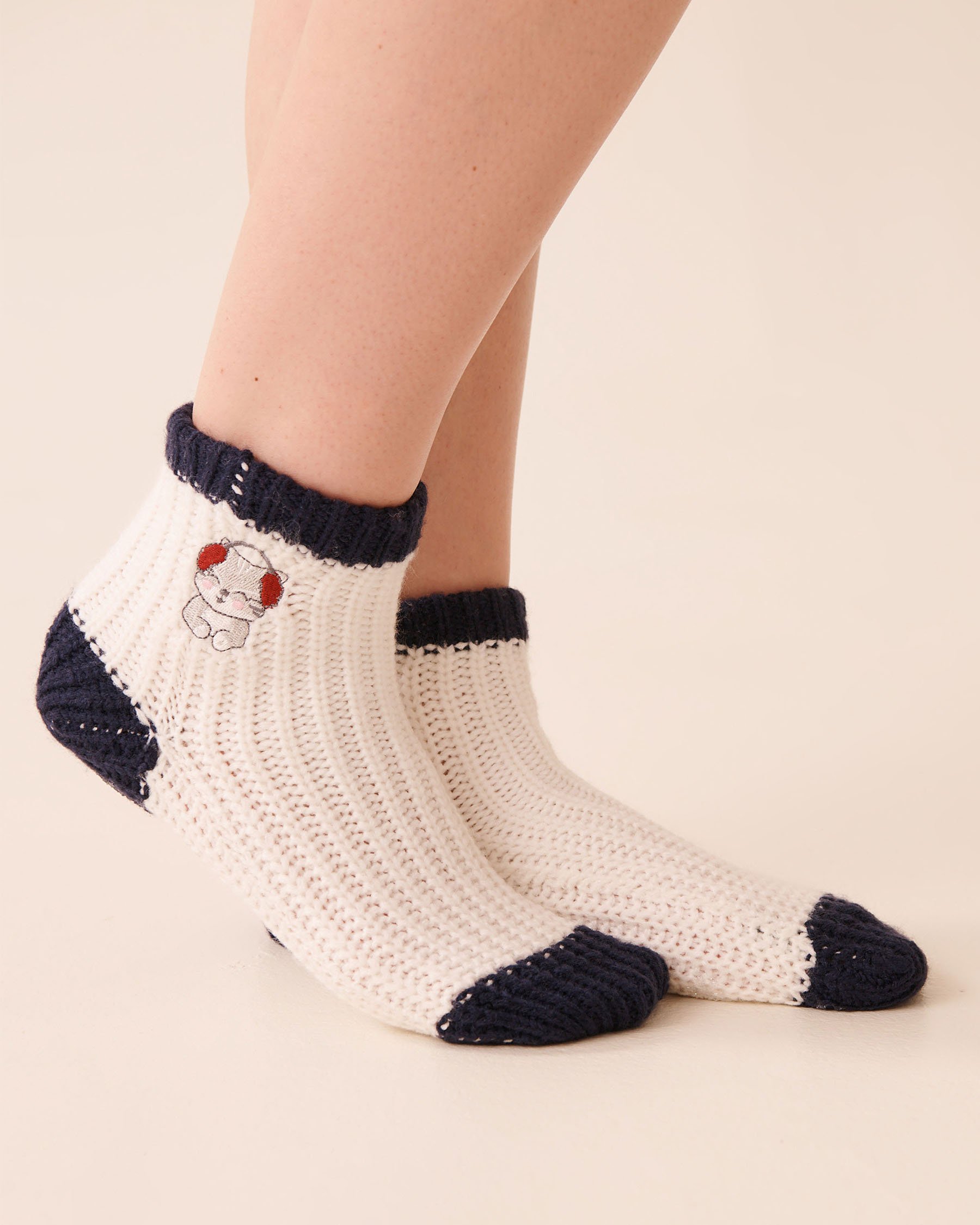 LA VIE EN ROSE Bas en tricot broderie chat Blanc/Chat 40700423 - View1