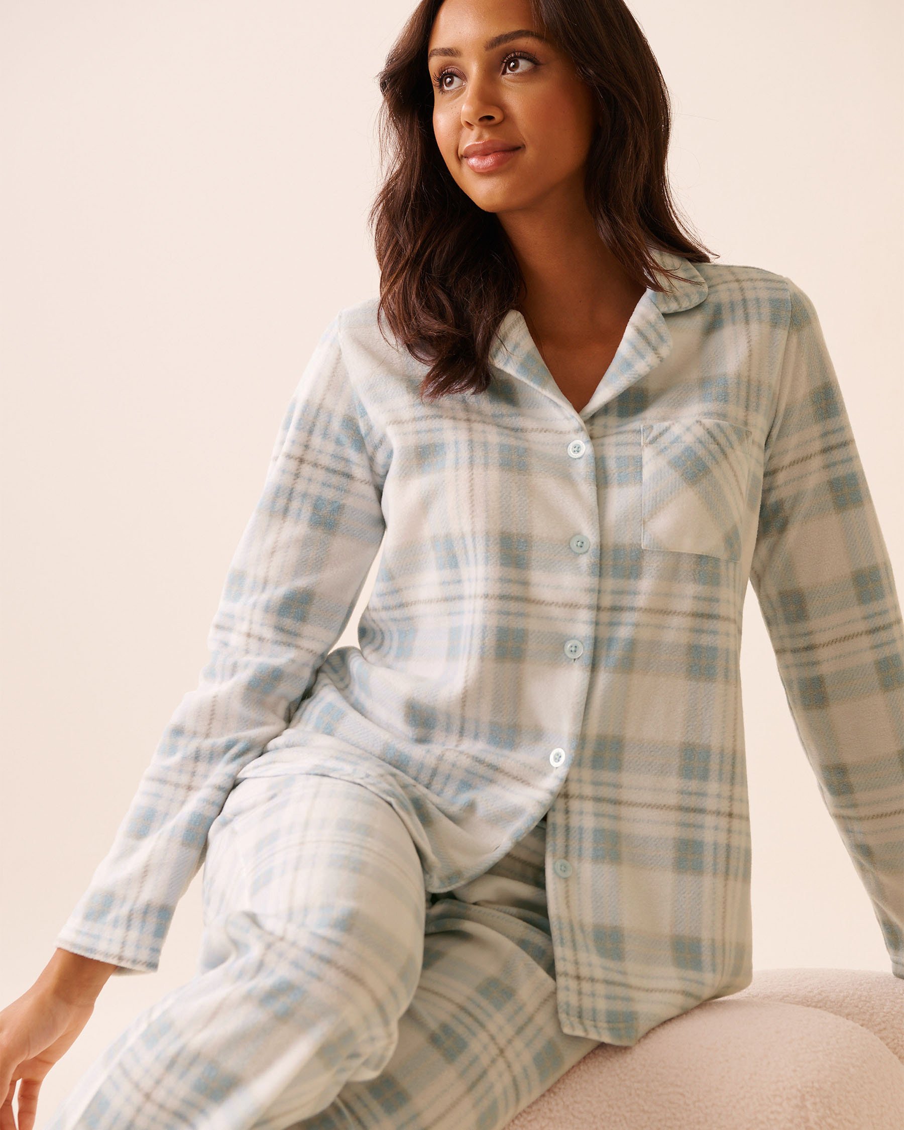 LA VIE EN ROSE Blue Plaid Microfleece PJ Set Light Blue Plaid 40400090 - View3