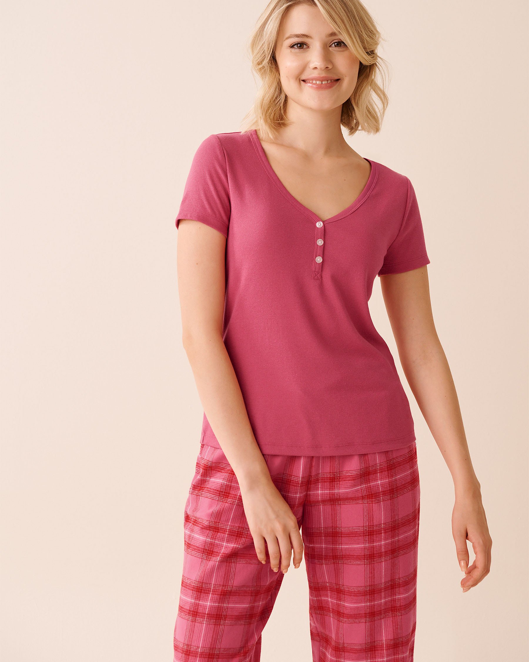 LA VIE EN ROSE T-shirt henley côtelé Rouge cerise 40100804 - View1