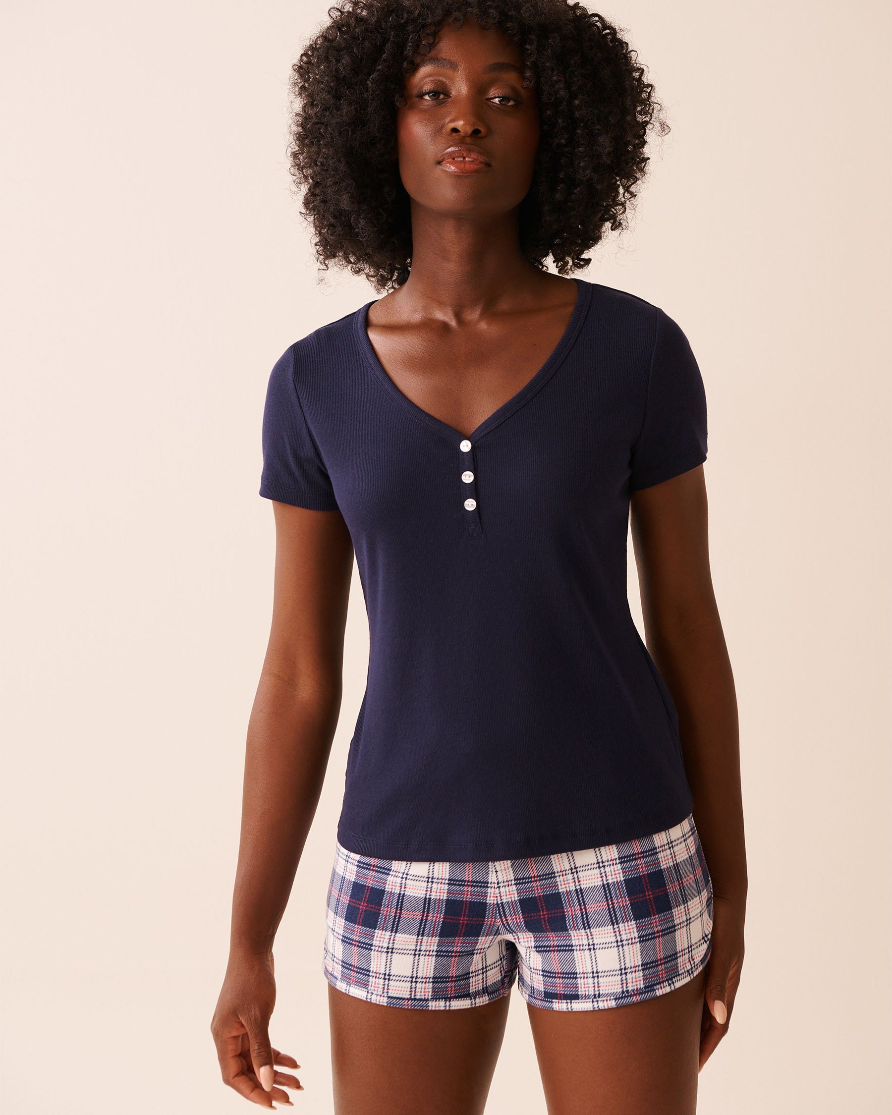 LA VIE EN ROSE Ribbed Henley T-shirt Evening Blue 40100804 - View1