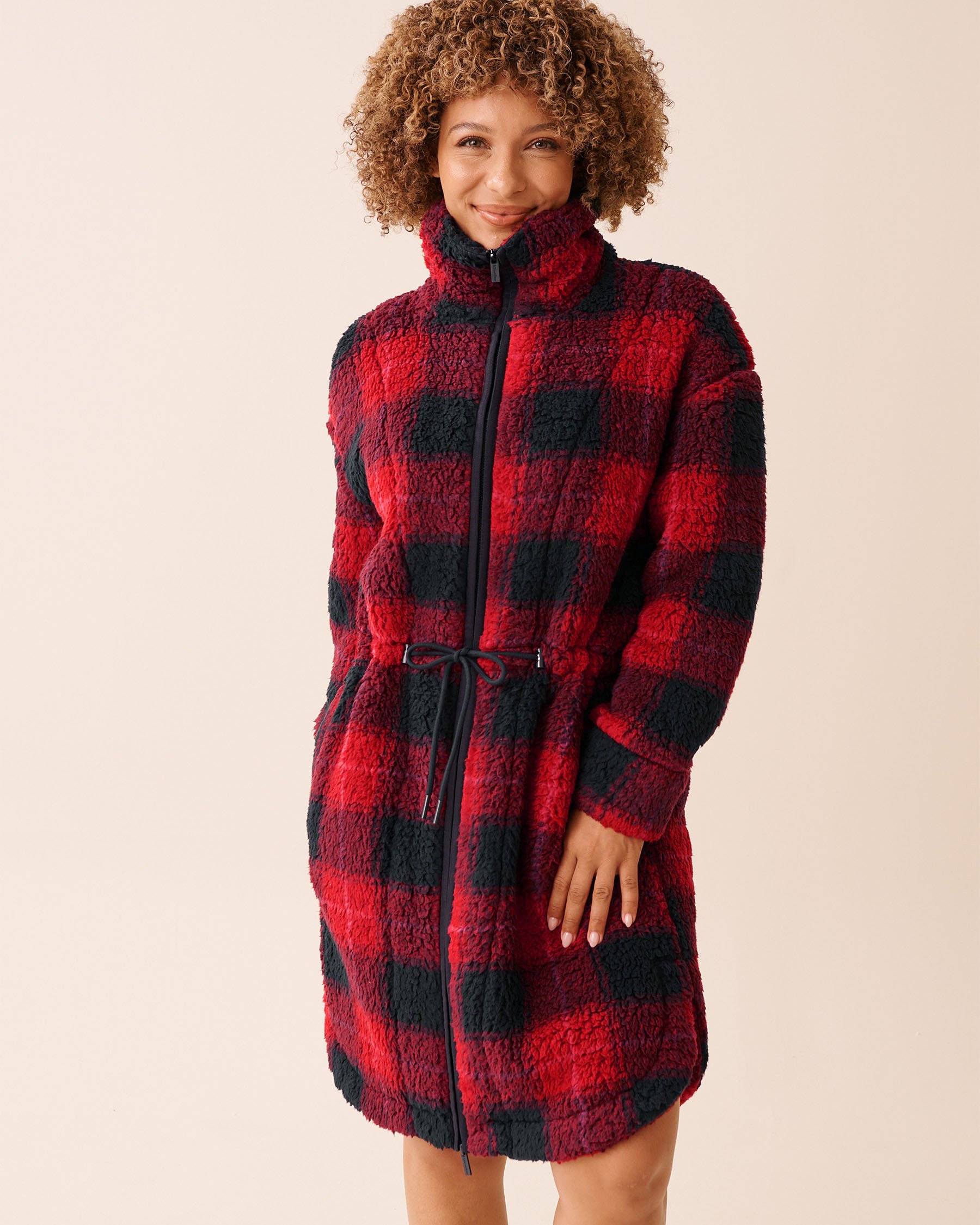 LA VIE EN ROSE Zip-up Funnel Neck Sherpa Robe Buffalo Plaid 40600221 - View1