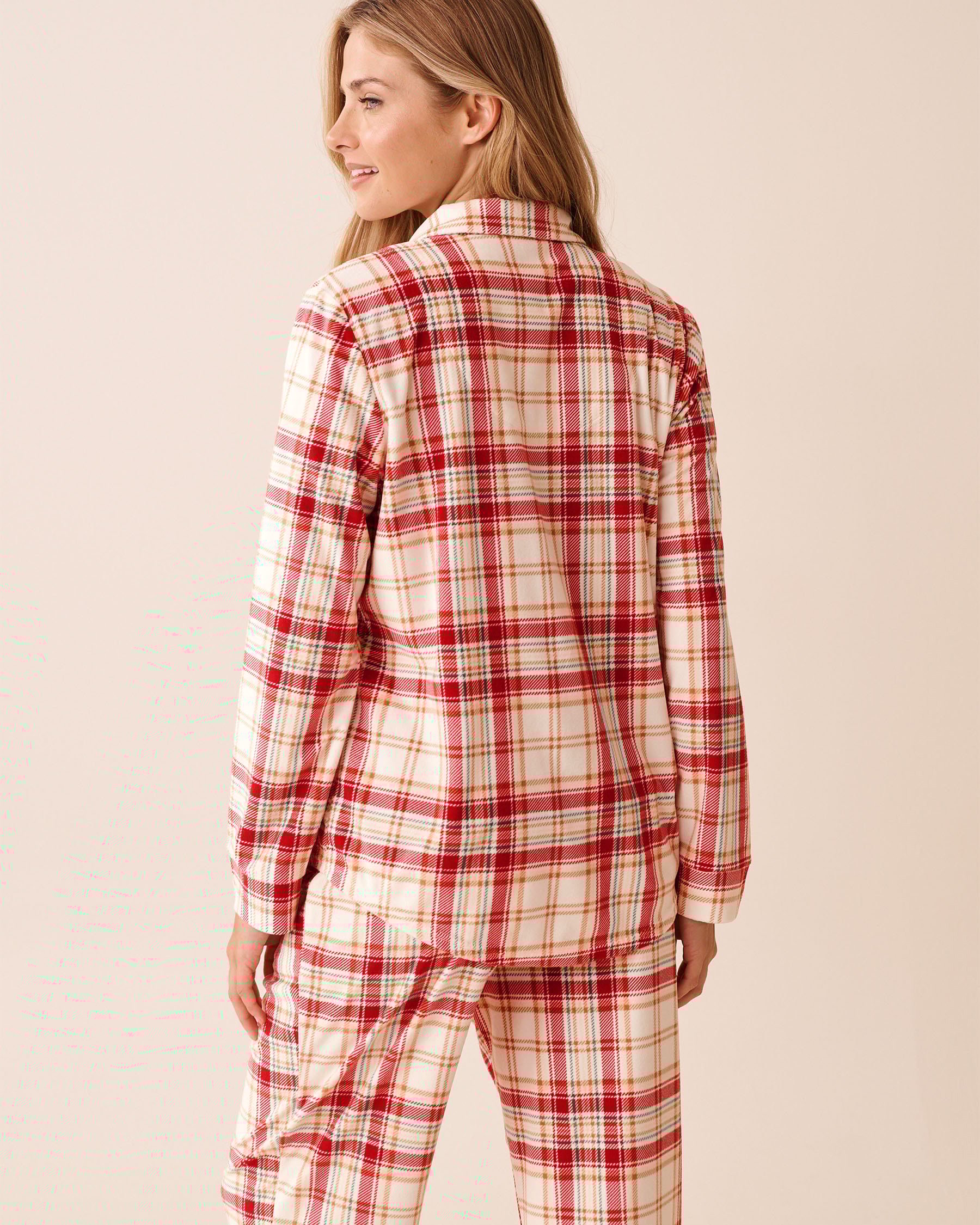 LA VIE EN ROSE Red & Beige Plaid Soft Velour Button-down Shirt Red & Beige Plaid 40100799 - View3