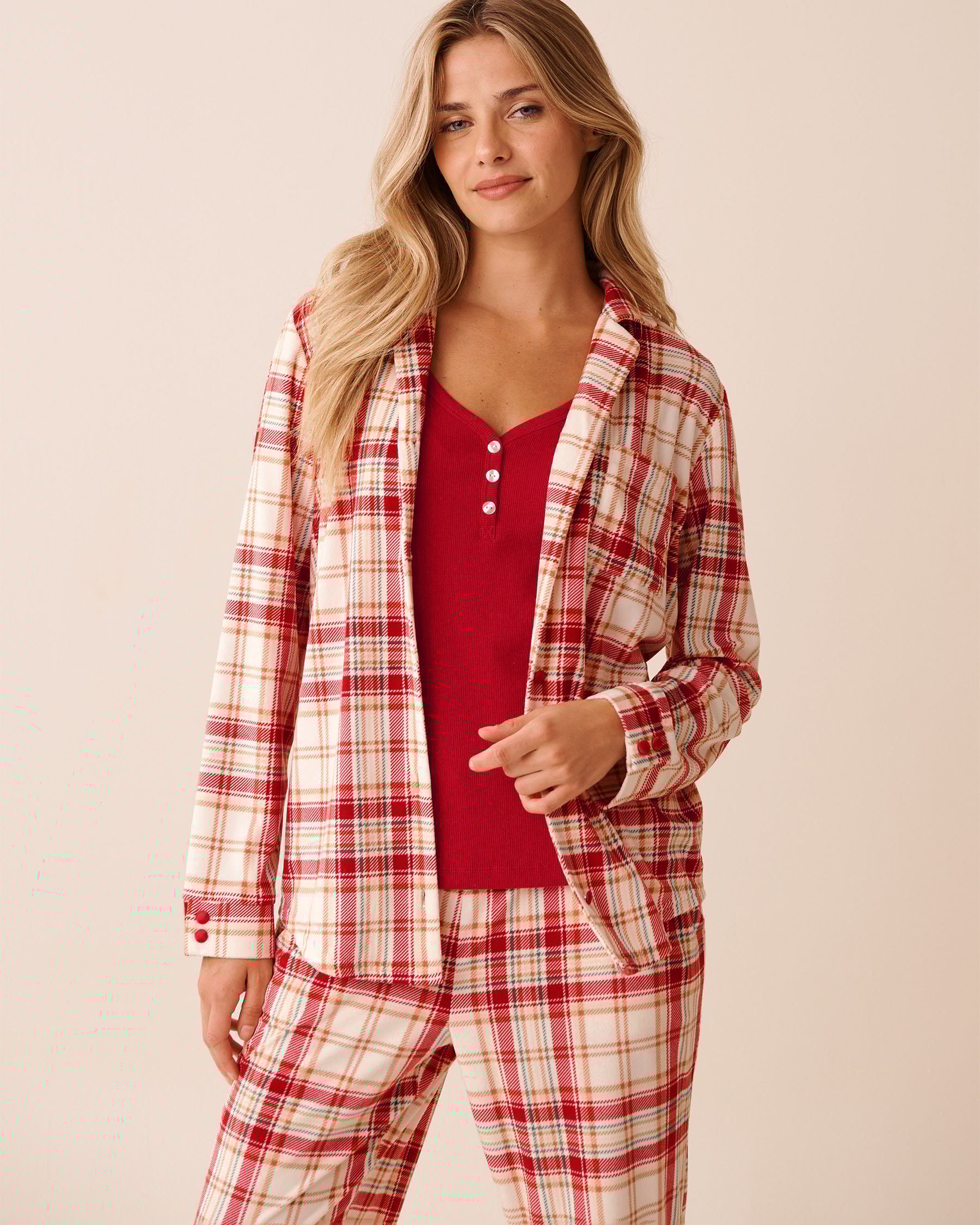 LA VIE EN ROSE Red & Beige Plaid Soft Velour Button-down Shirt Red & Beige Plaid 40100799 - View5