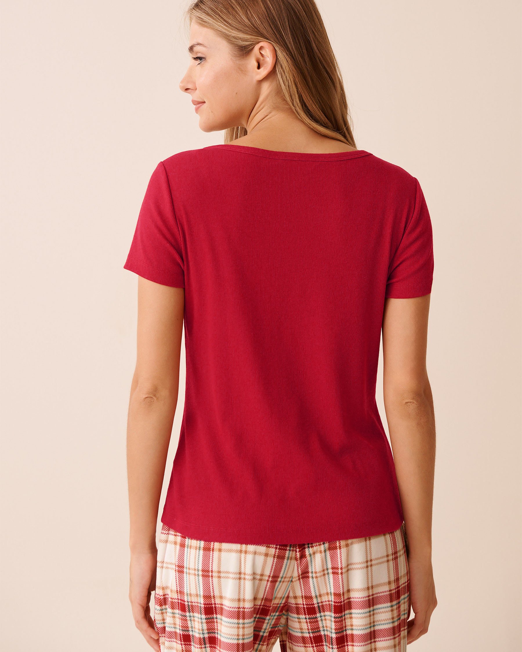 LA VIE EN ROSE Ribbed Henley T-shirt Merry Red 40100804 - View2