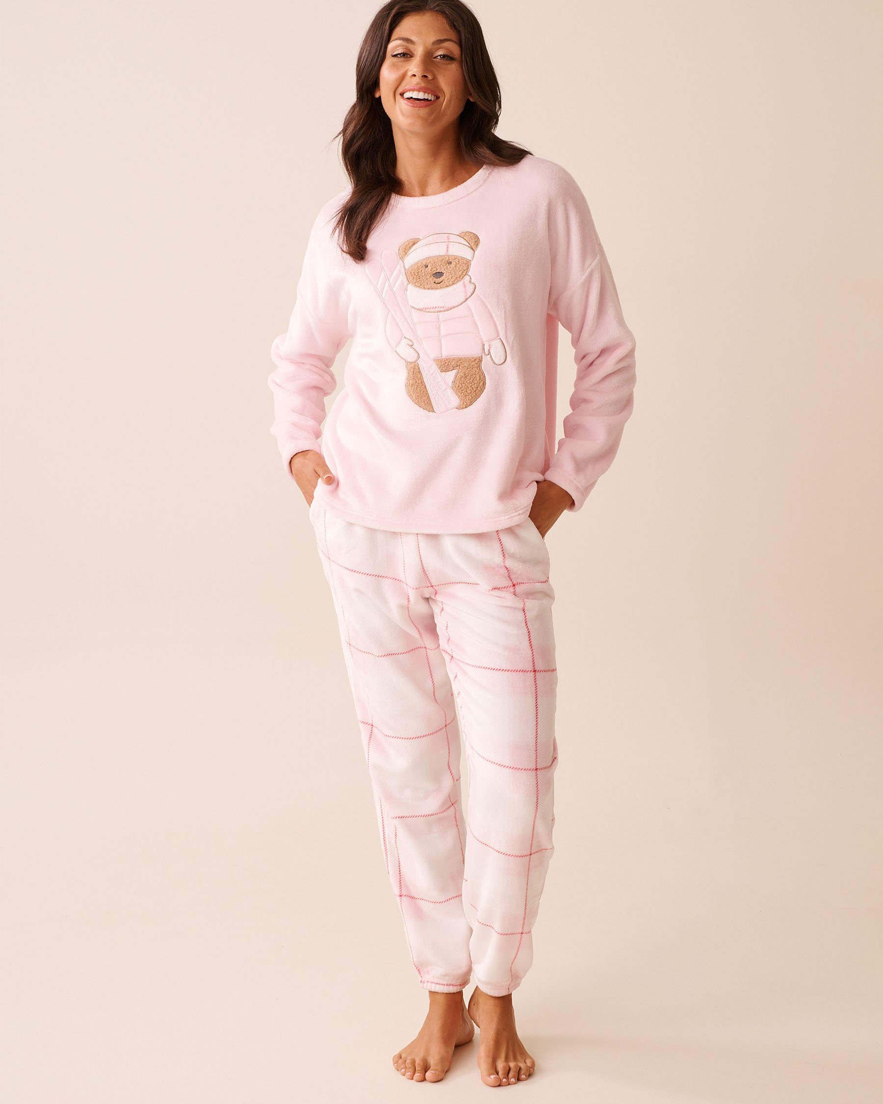 LA VIE EN ROSE Teddy Bear Print Soft Plush PJ Set Light Pink/Teddy Bear 40400091 - View1